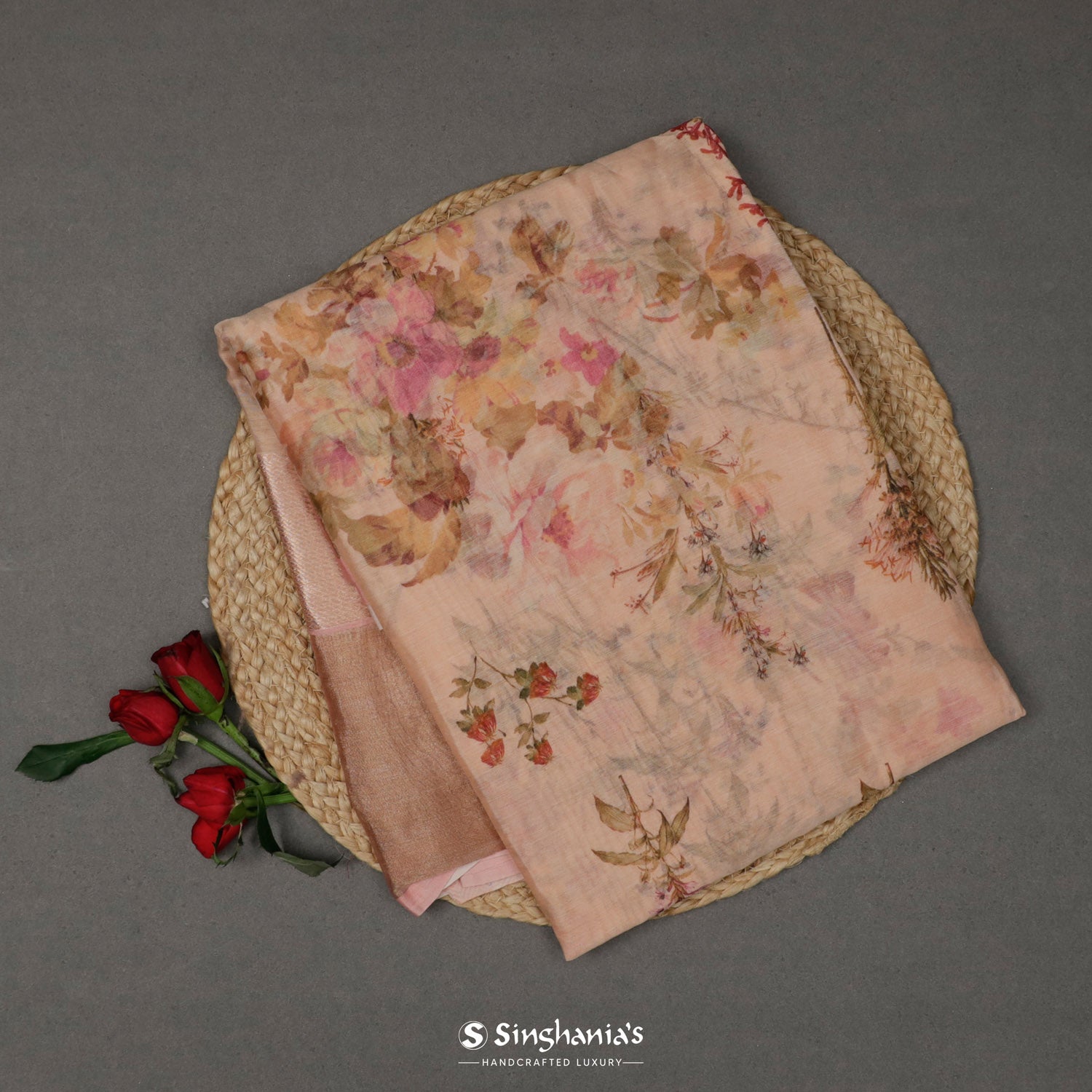 Pastel Pink Printed Maheshwari Saree With Floral Pattern