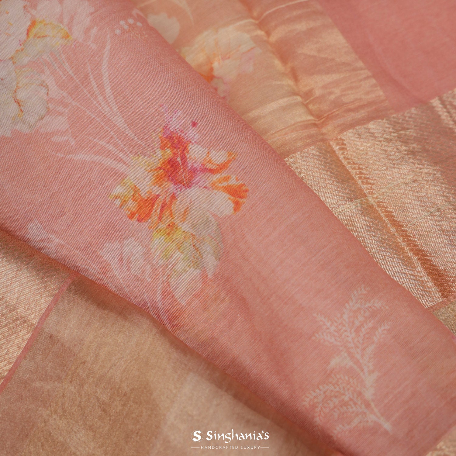 Georgia Peach Printed Maheshwari Saree With Floral Pattern