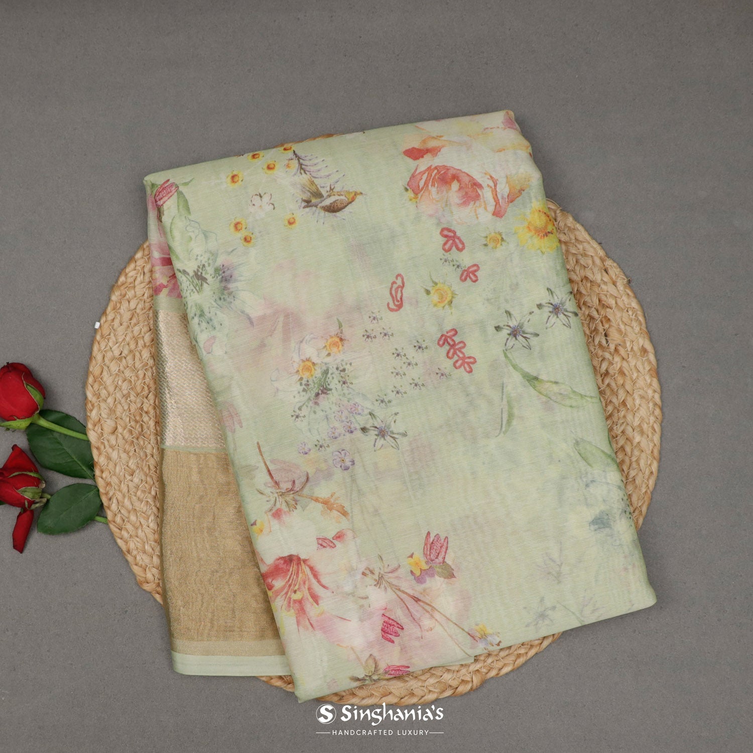 Pale Green Printed Maheshwari Saree With Floral Pattern All Over