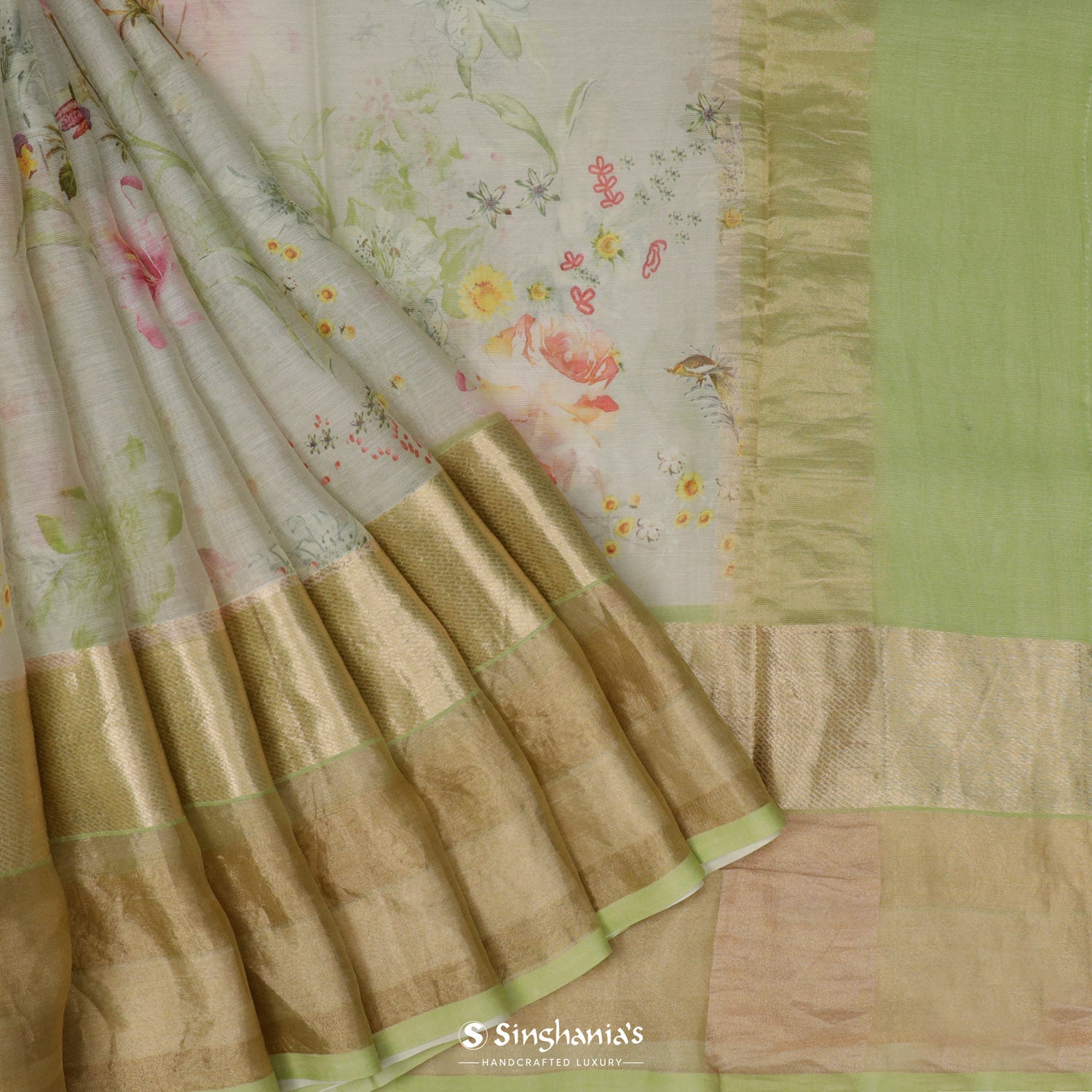 Pale Green Printed Maheshwari Saree With Floral Pattern All Over