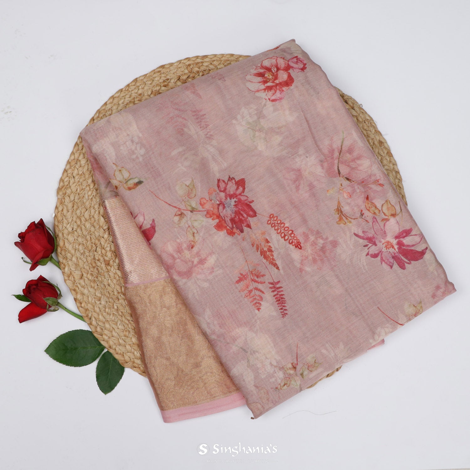 Salmon Cream Pink Printed Maheshwari Saree With Floral Pattern