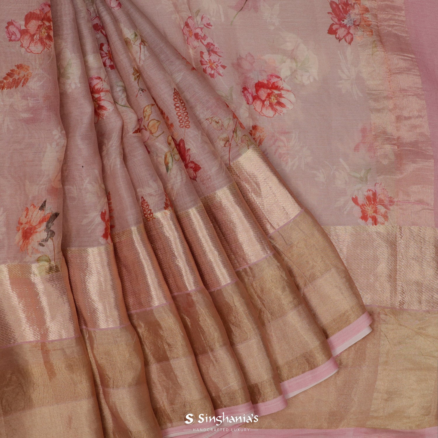Salmon Cream Pink Printed Maheshwari Saree With Floral Pattern