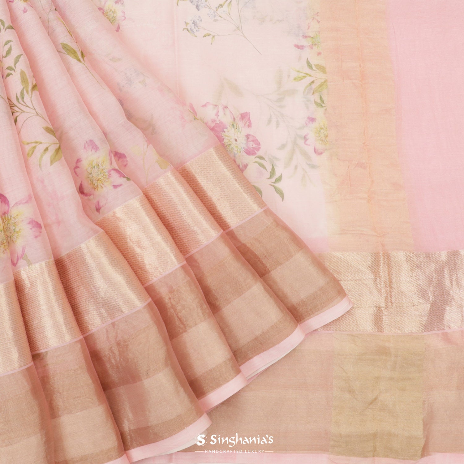 Oyster Pink Printed Maheshwari Saree With Floral Pattern