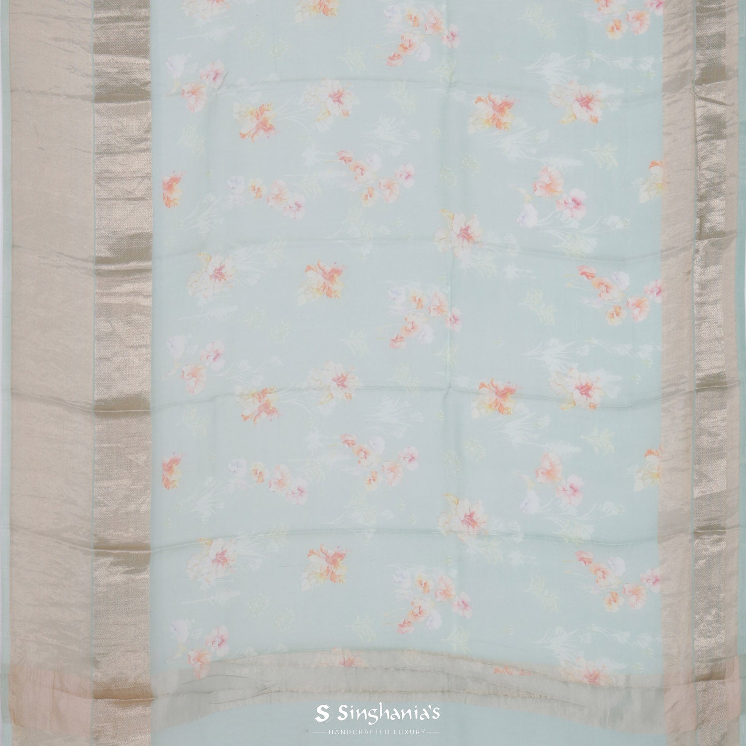 Pastel Sky Blue Printed Maheshwari Saree With Floral Pattern