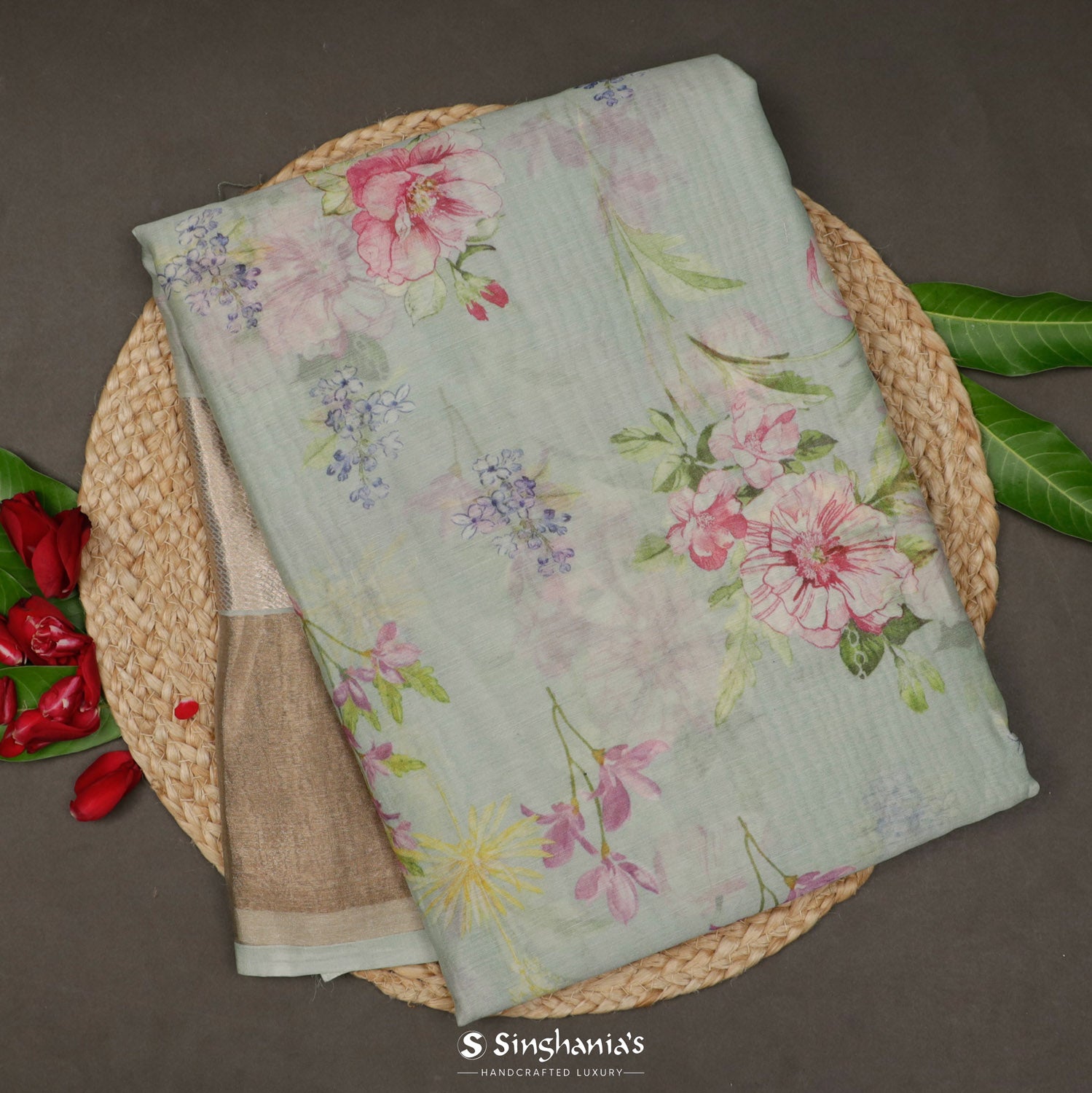 Pale Blue Printed Maheshwari Saree With Floral Pattern