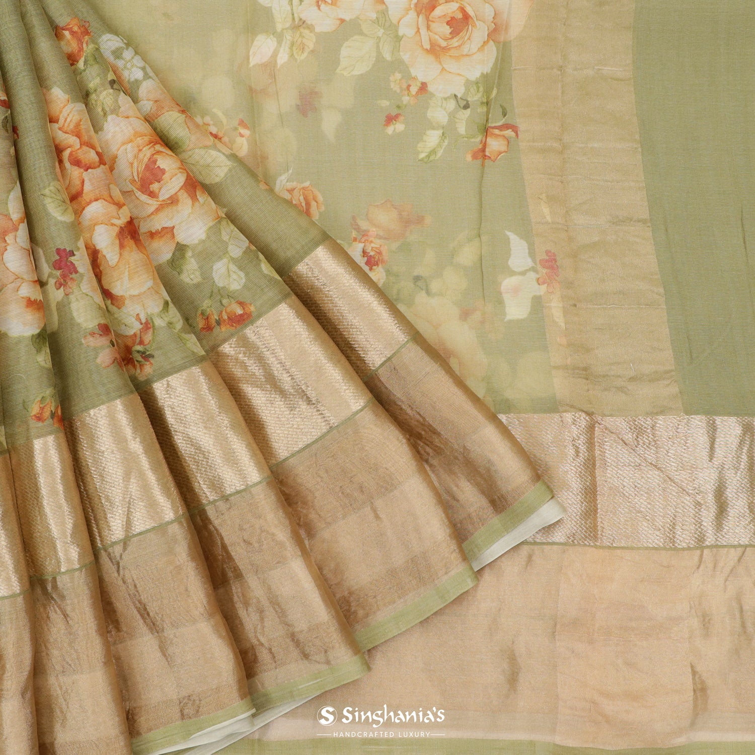 Laurel Green Printed Maheshwari Saree With Floral Pattern