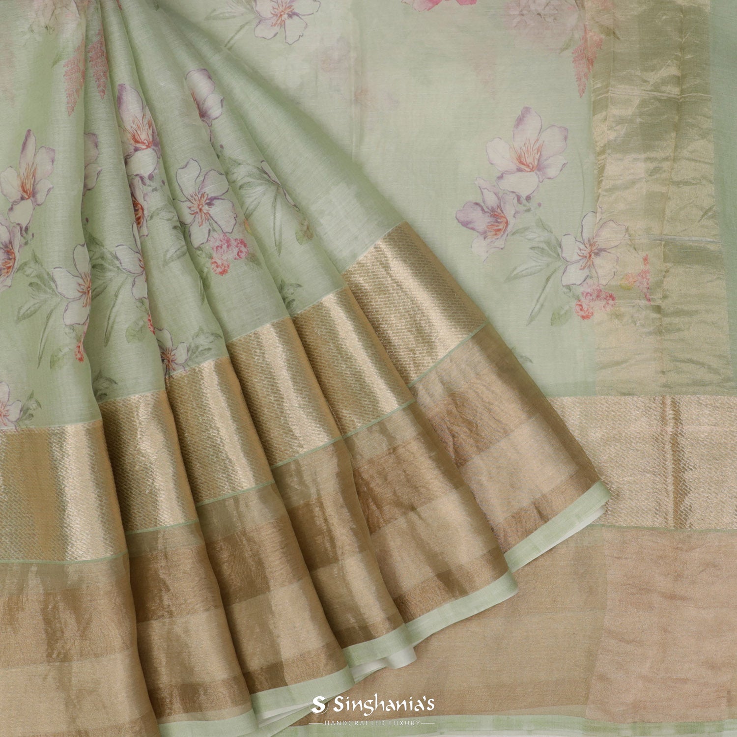 Light Turquoise Green Printed Maheshwari Saree With Floral Pattern