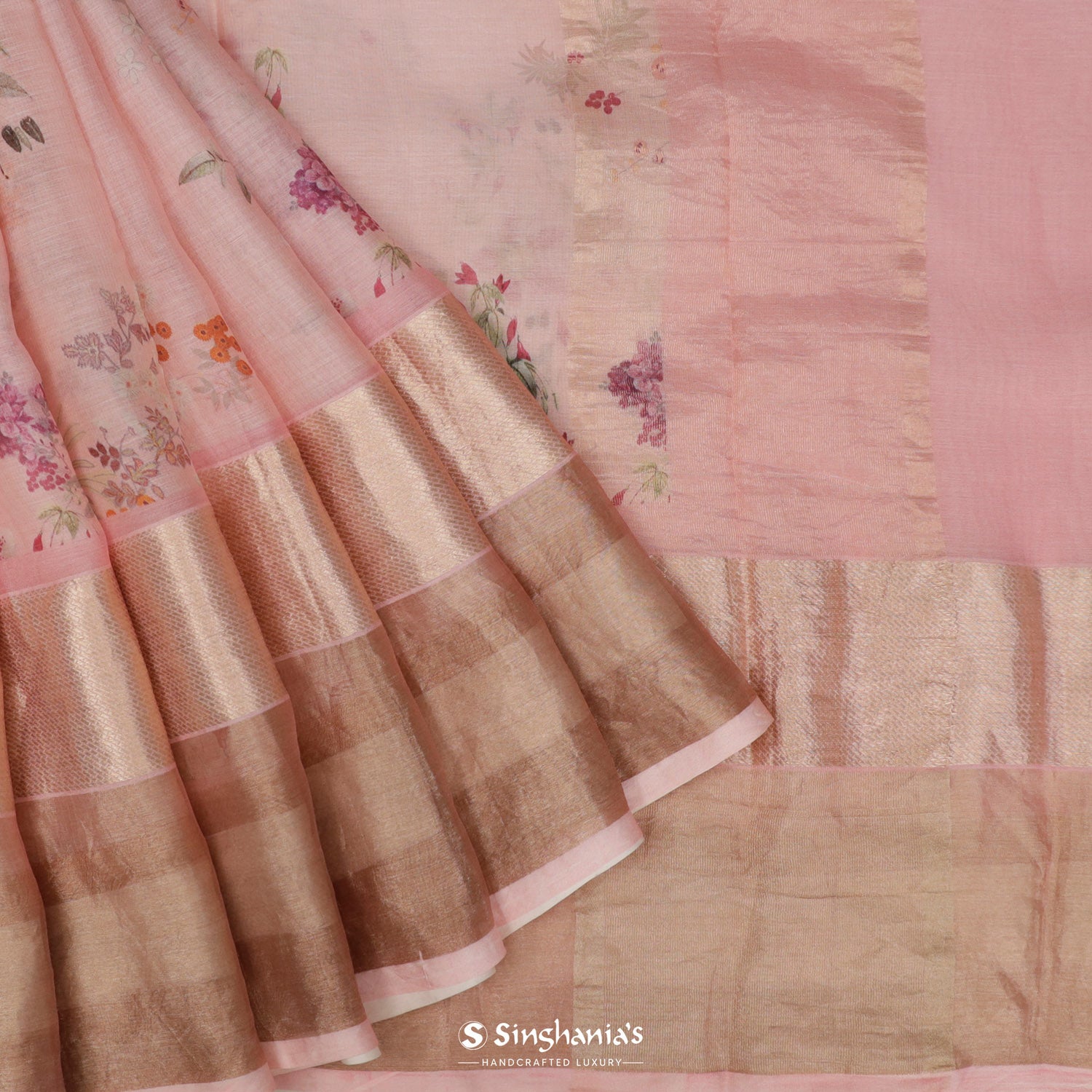 Ruddy Pink Printed Maheshwari Saree With Floral Pattern