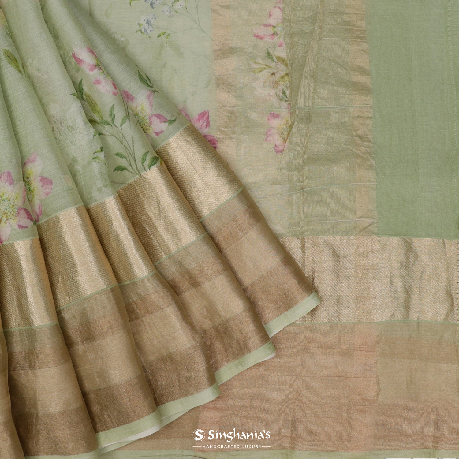 Swamp Green Printed Maheshwari Saree With Floral Pattern