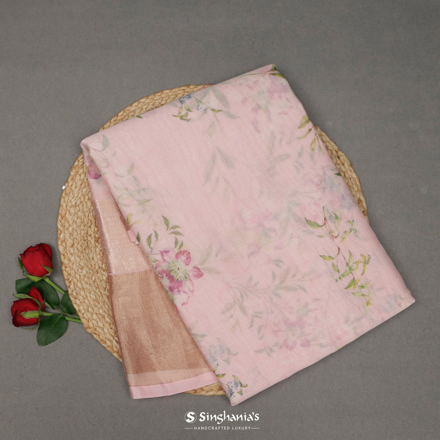 Tea Rose Printed Maheshwari Saree With Floral Pattern
