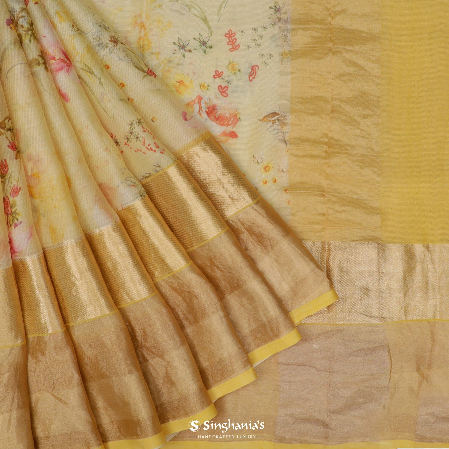 Flax Yellow Printed Maheshwari Saree With Floral Pattern