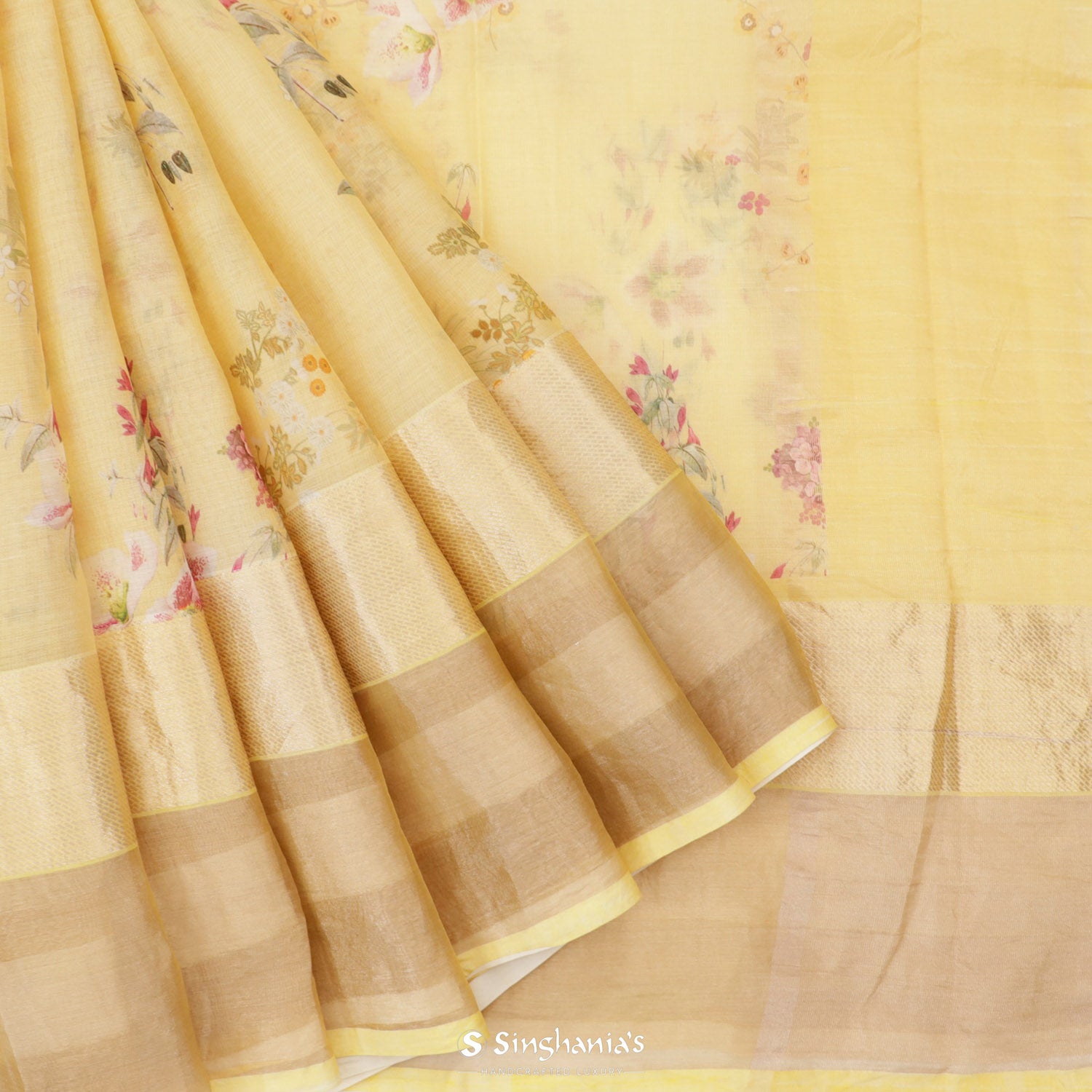 Macaroon Yellow Printed Maheshwari Saree With Floral Pattern