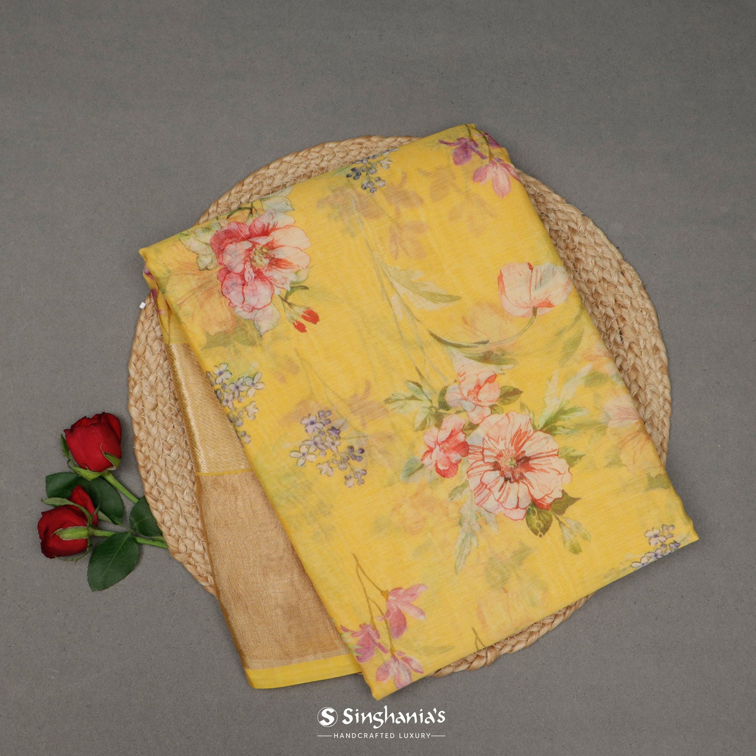 Citrine Yellow Printed Maheshwari Saree With Floral Pattern