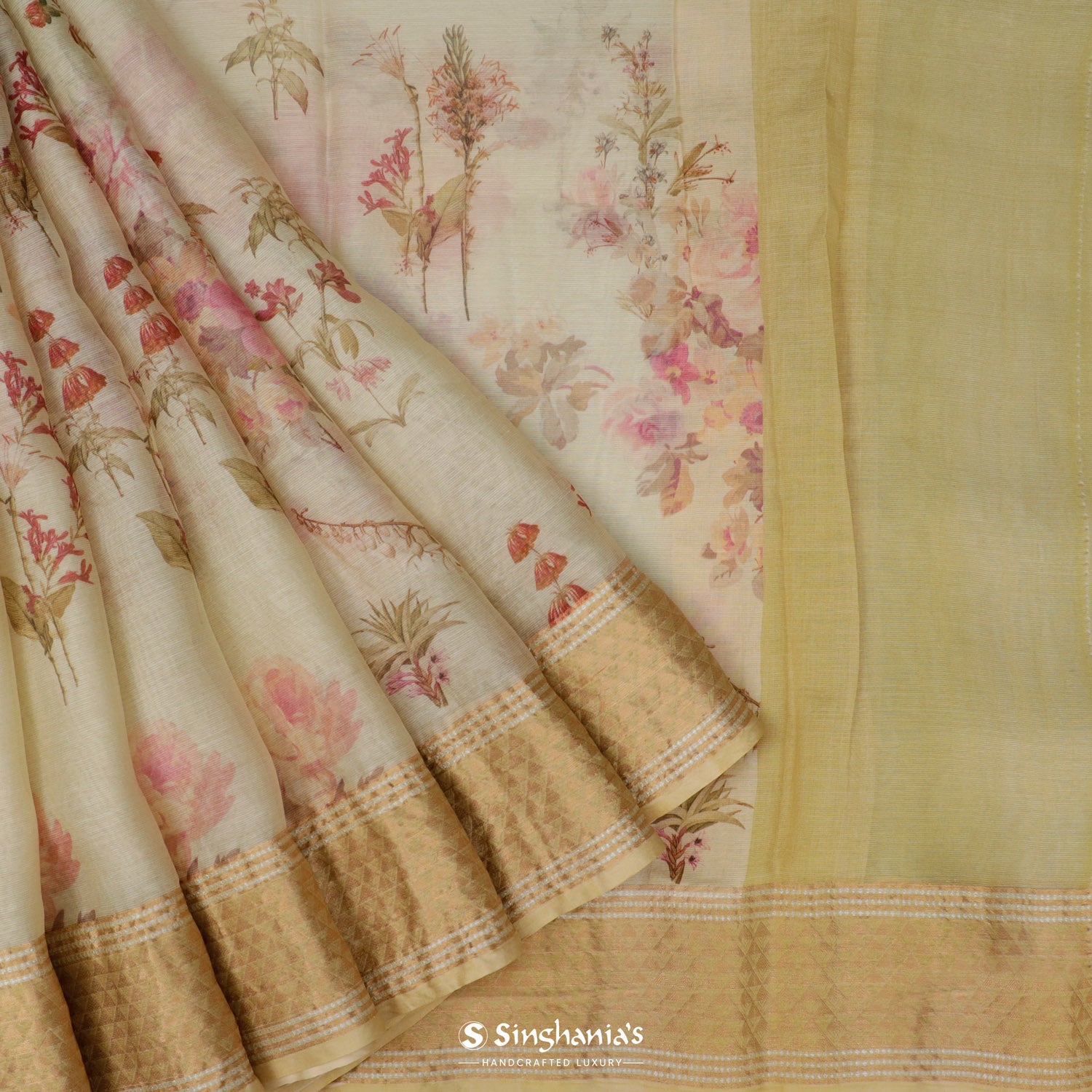 Bright Cream Printed Maheshwari Saree With Floral Pattern
