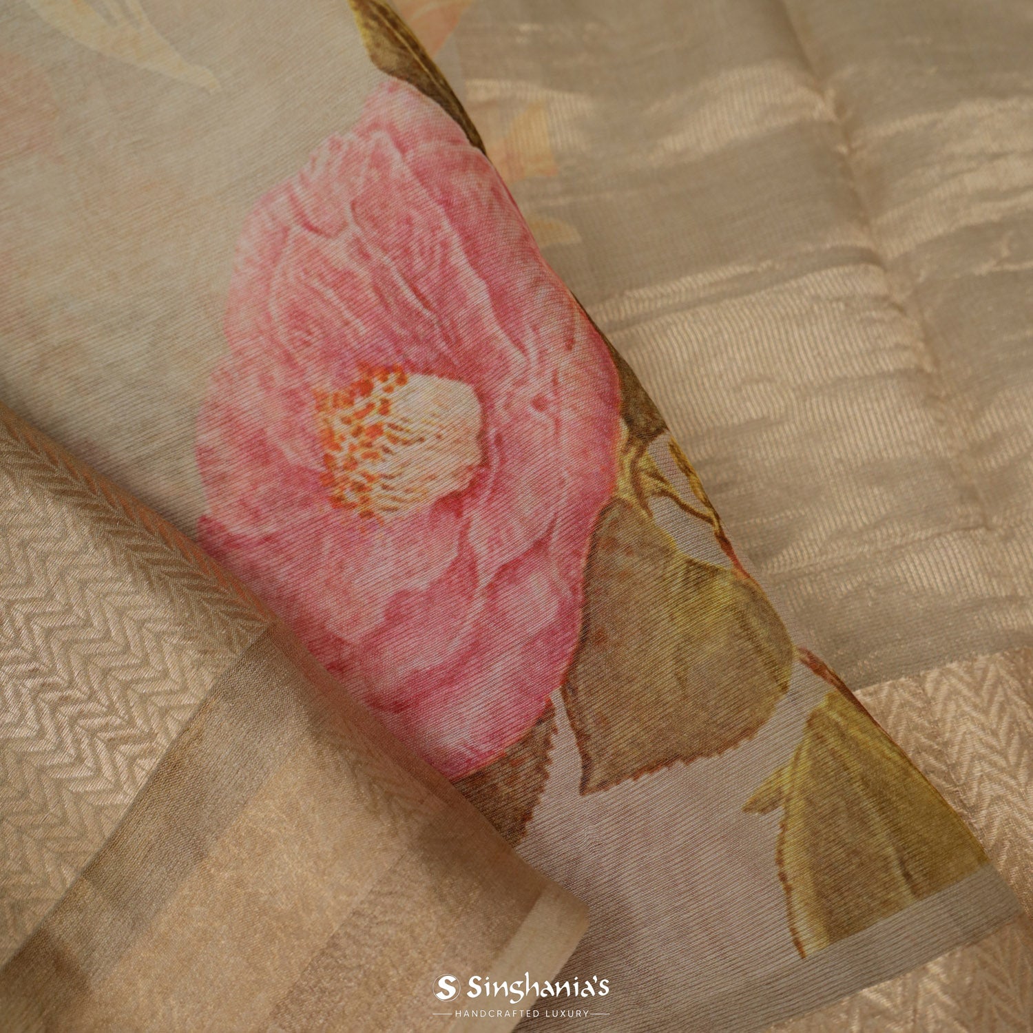 Beige Printed Maheshwari Saree With Floral Pattern