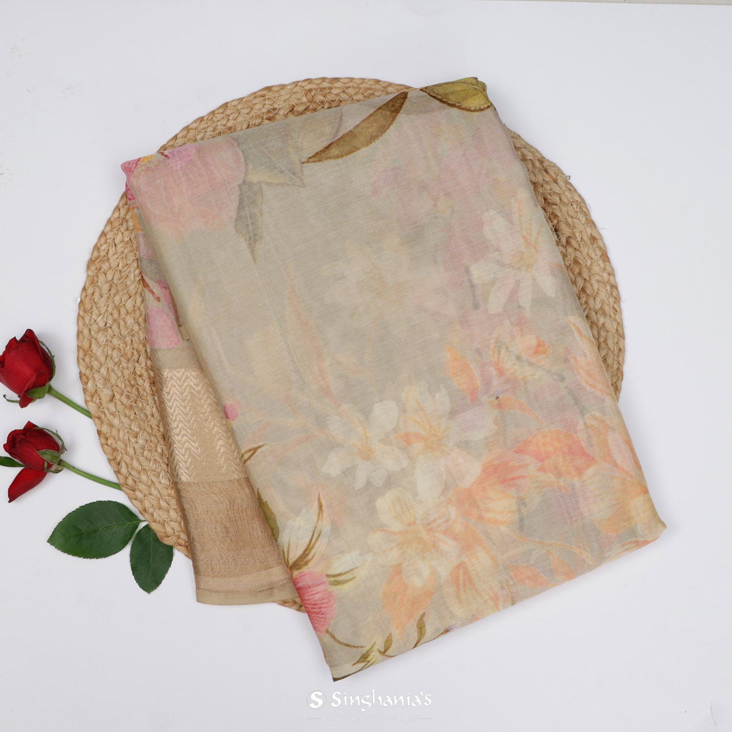 Beige Printed Maheshwari Saree With Floral Pattern