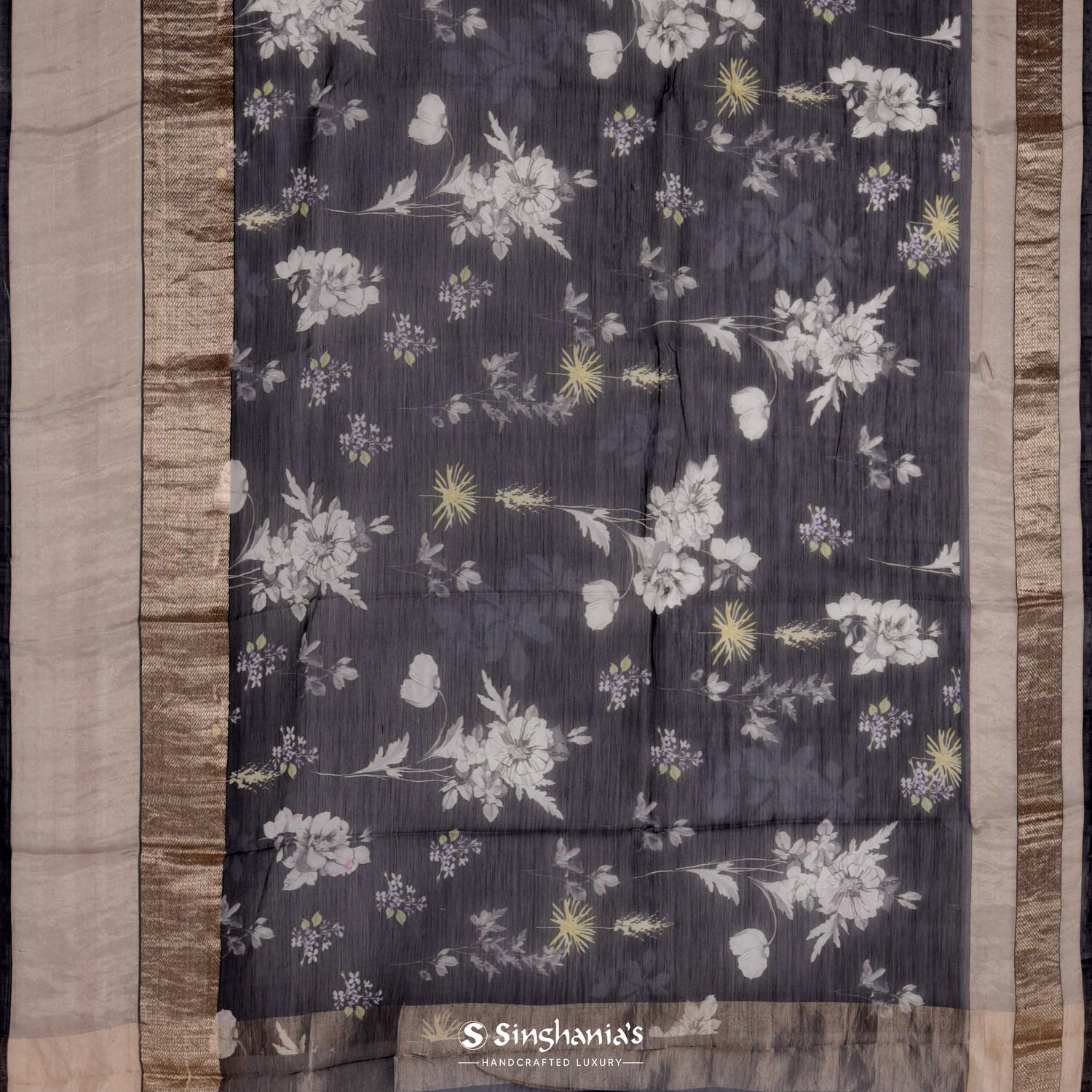 Frost Black Printed Maheshwari Saree With Floral Pattern