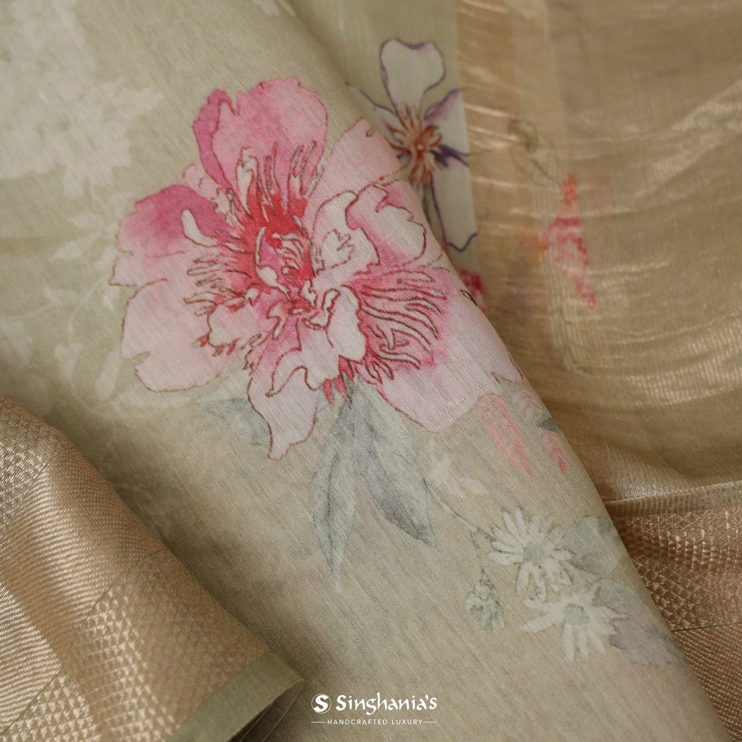 Alabaster Cream Printed Tussar Silk Saree With Floral Pattern