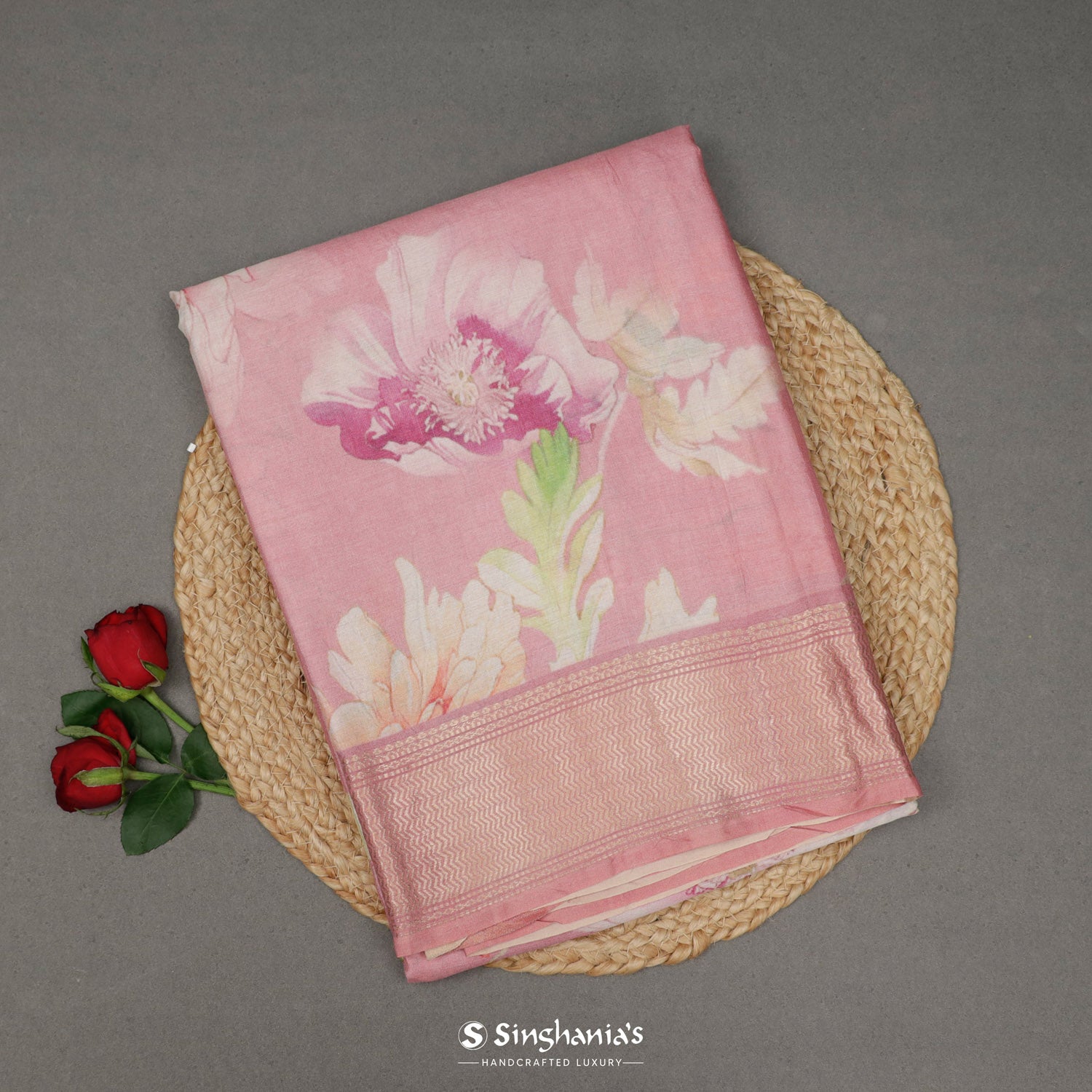 Mauvelous Pink Printed Tussar Silk Saree With Floral Pattern