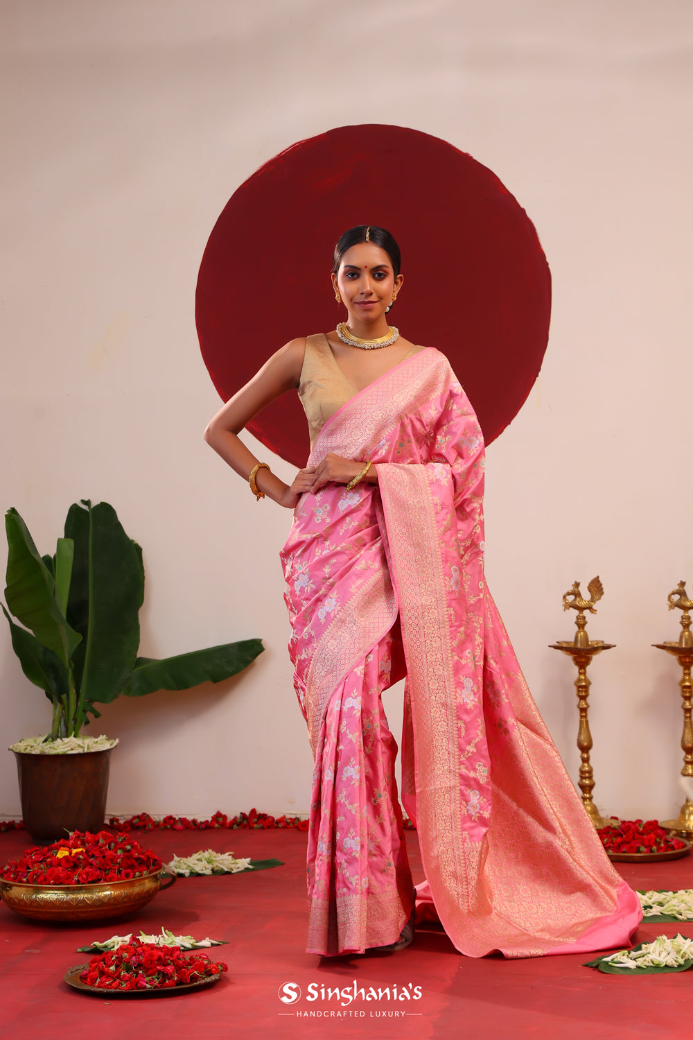 Flamingo Pink Banarasi Silk Saree With Meenakari Jaal