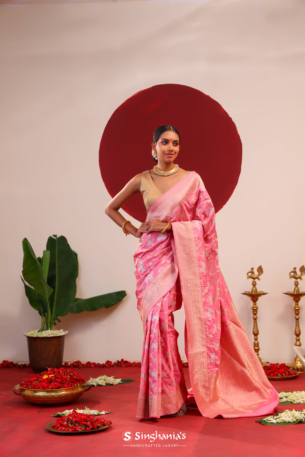 Flamingo Pink Banarasi Silk Saree With Meenakari Jaal