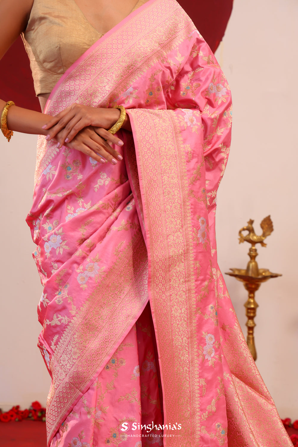 Flamingo Pink Banarasi Silk Saree With Meenakari Jaal