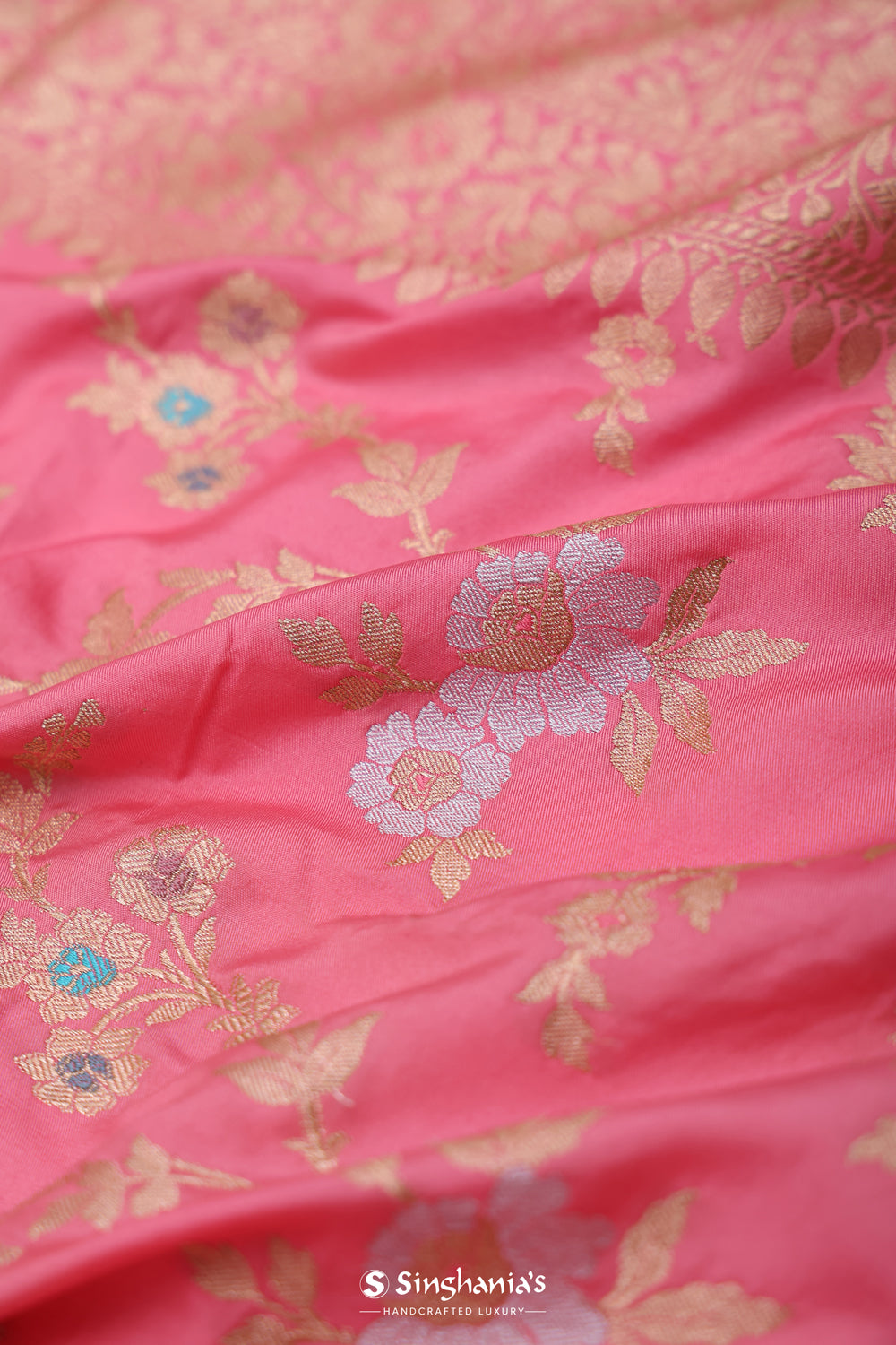 Flamingo Pink Banarasi Silk Saree With Meenakari Jaal