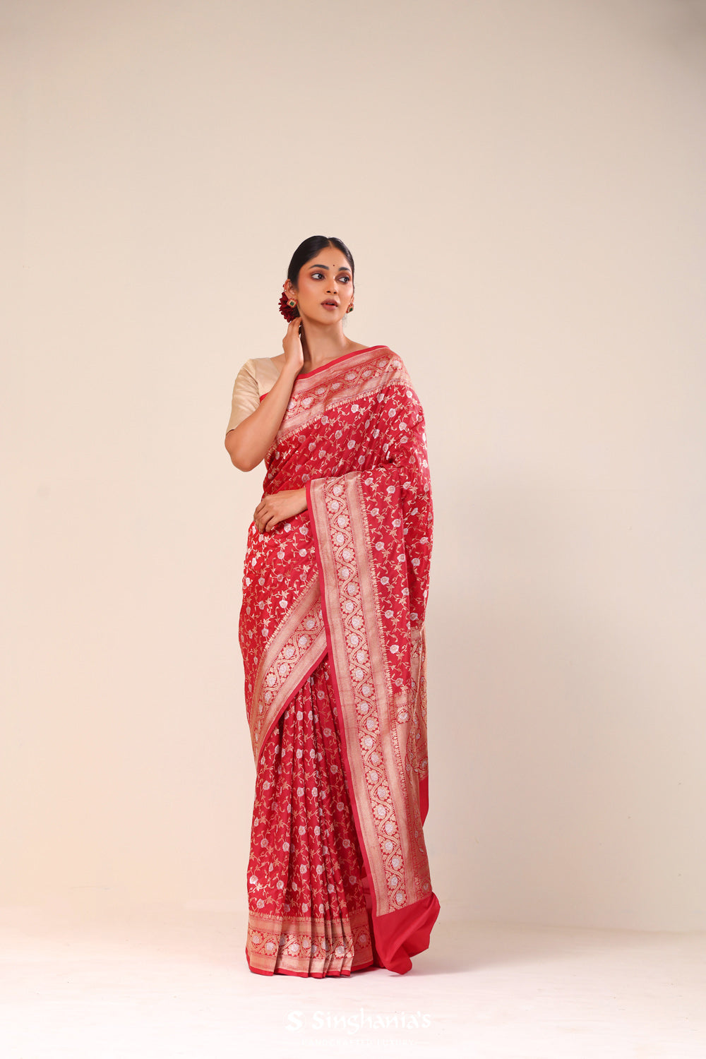 Bills Red Chiniya Banarasi Silk Saree