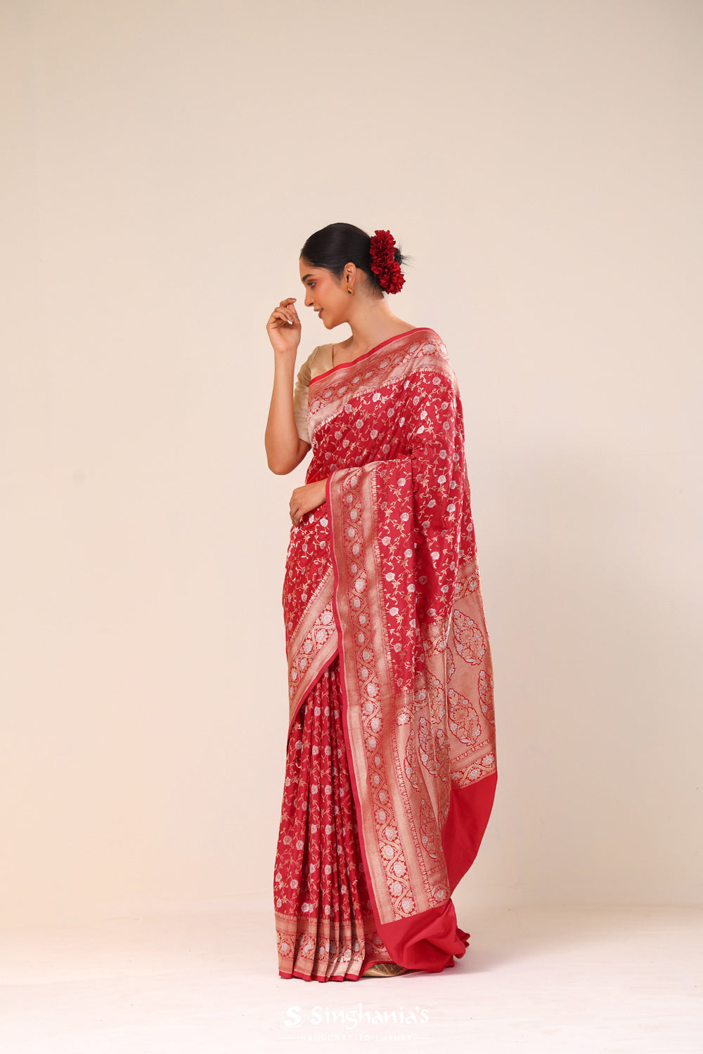 Bills Red Chiniya Banarasi Silk Saree