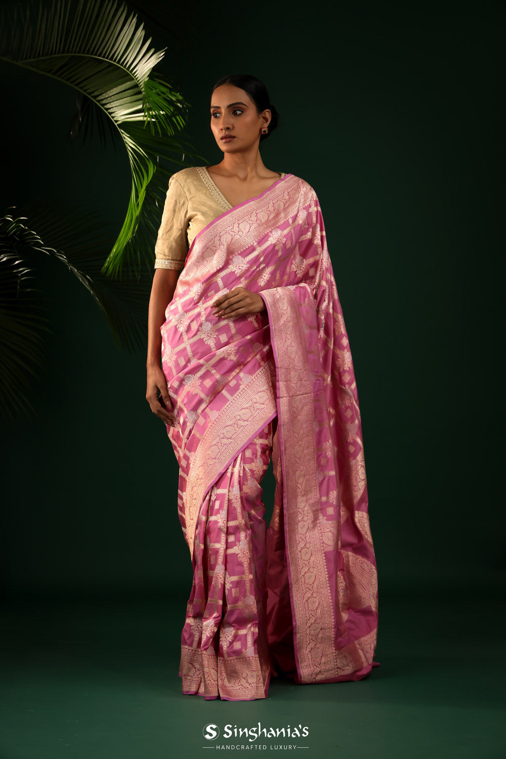 Passion Pink Banarasi Silk Saree With Zari Buttas