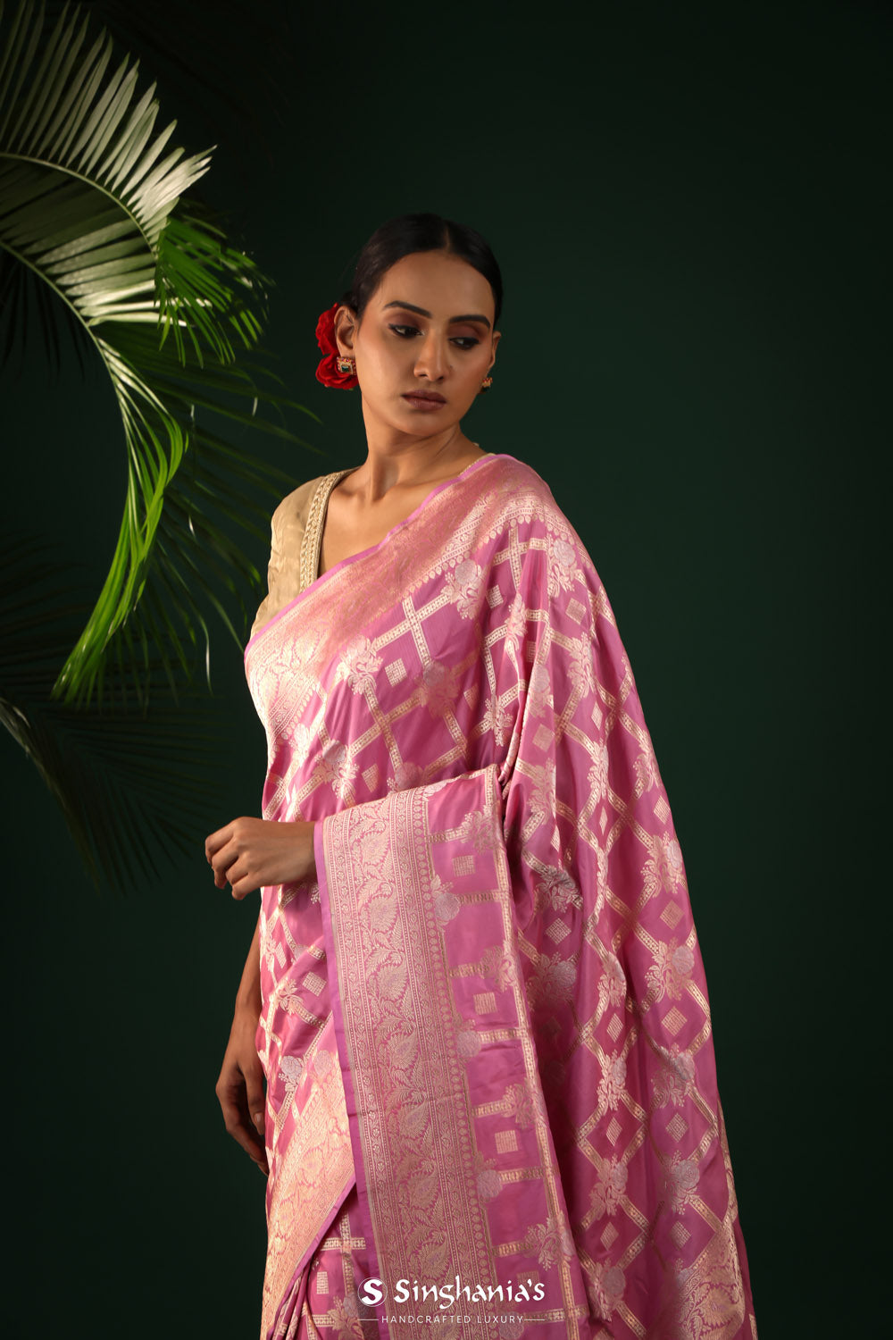 Passion Pink Banarasi Silk Saree With Zari Buttas