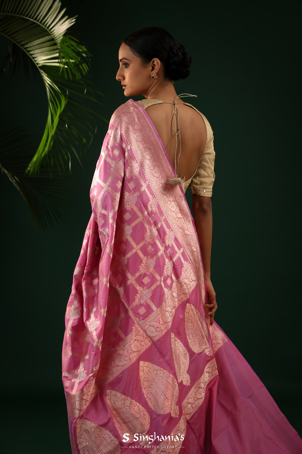 Passion Pink Banarasi Silk Saree With Zari Buttas