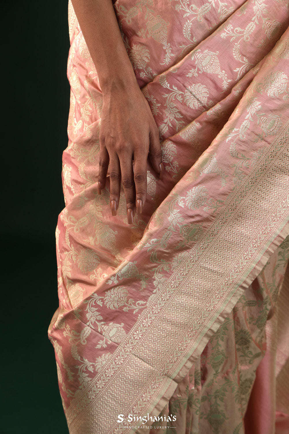 Pale Pink Banarasi Silk Saree With Floral Weaving