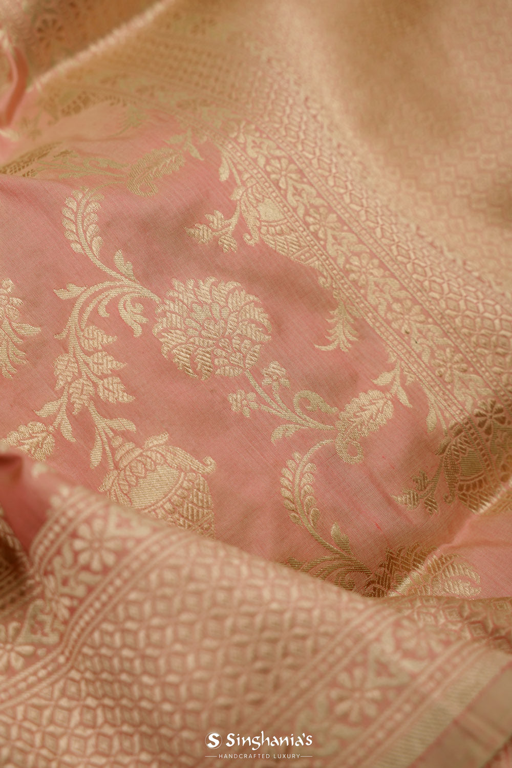 Pale Pink Banarasi Silk Saree With Floral Weaving