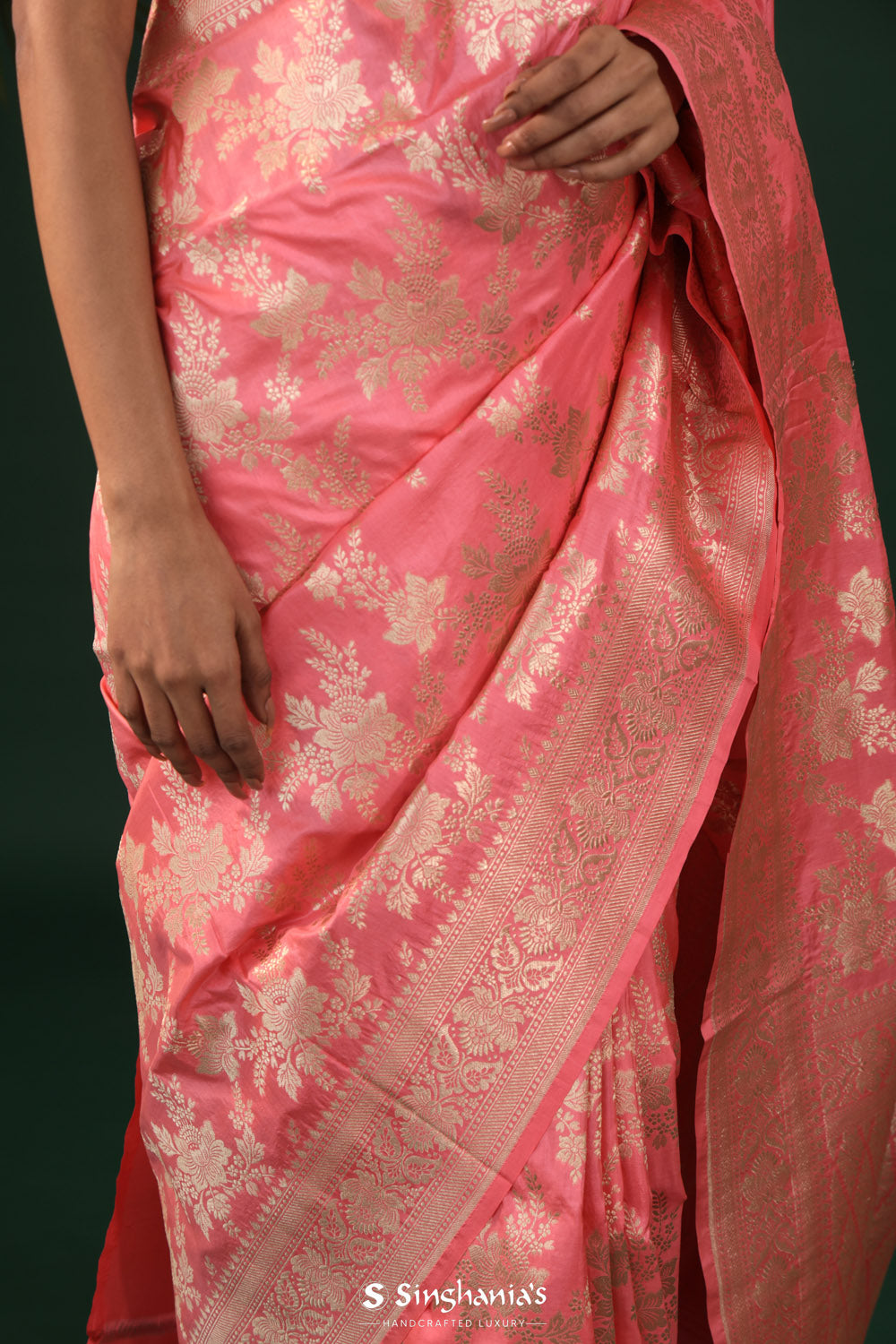 Brink Pink Banarasi Silk Saree With Floral Zari Jaal Work