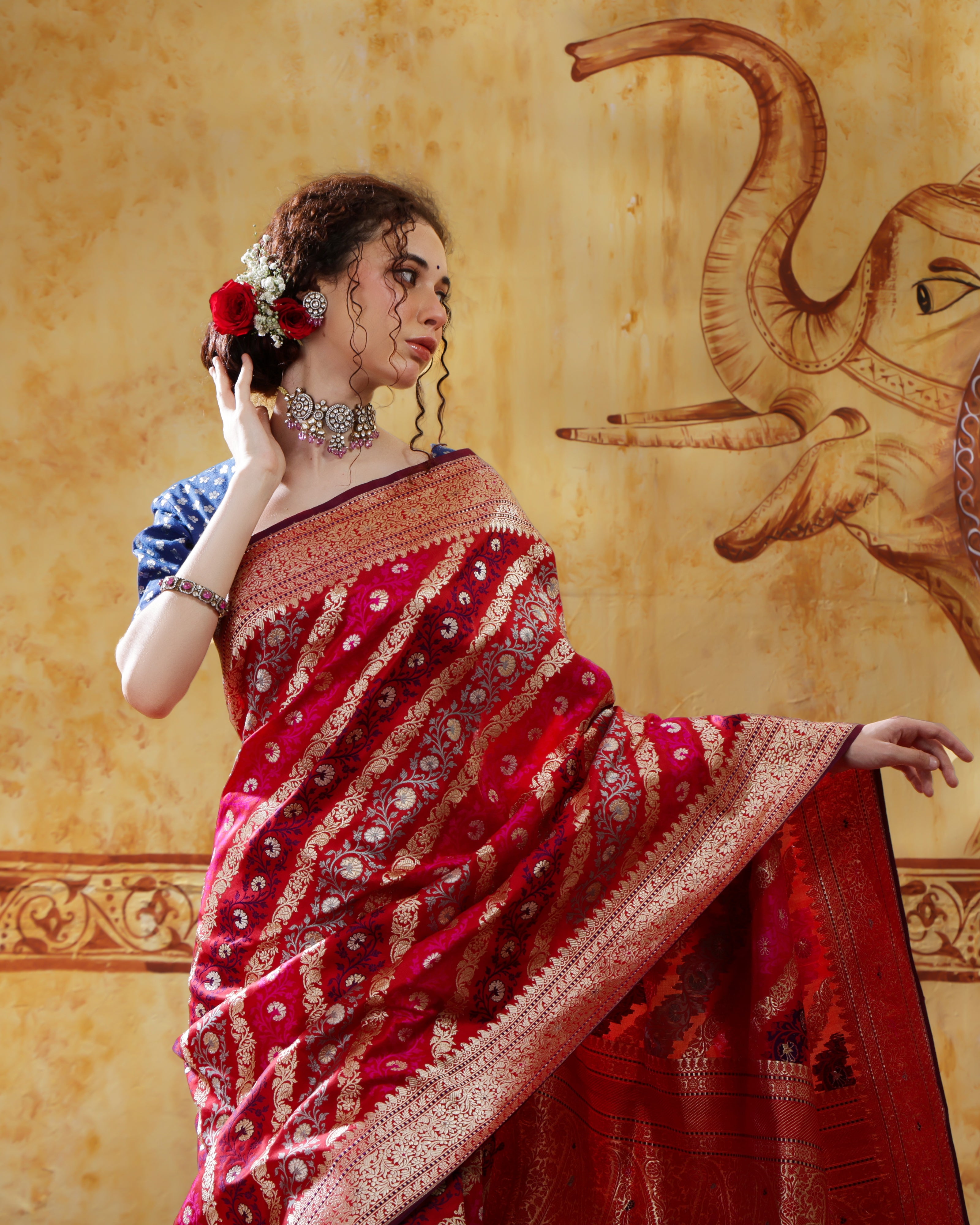 Scarlet Red Katan Silk Banarasi Saree With Floral Bel Design