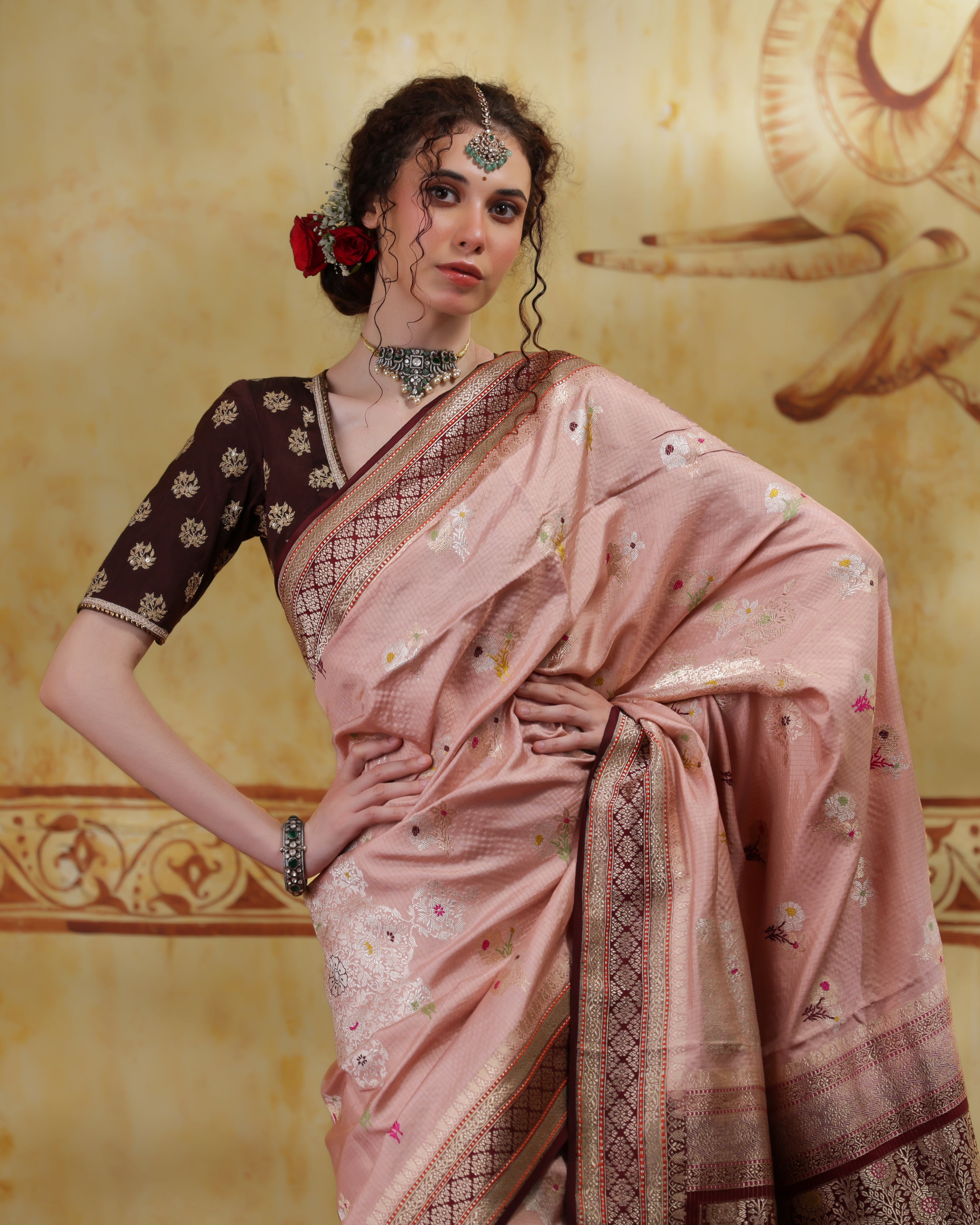 Dusty Melon Silk Saree With Floral Buttas