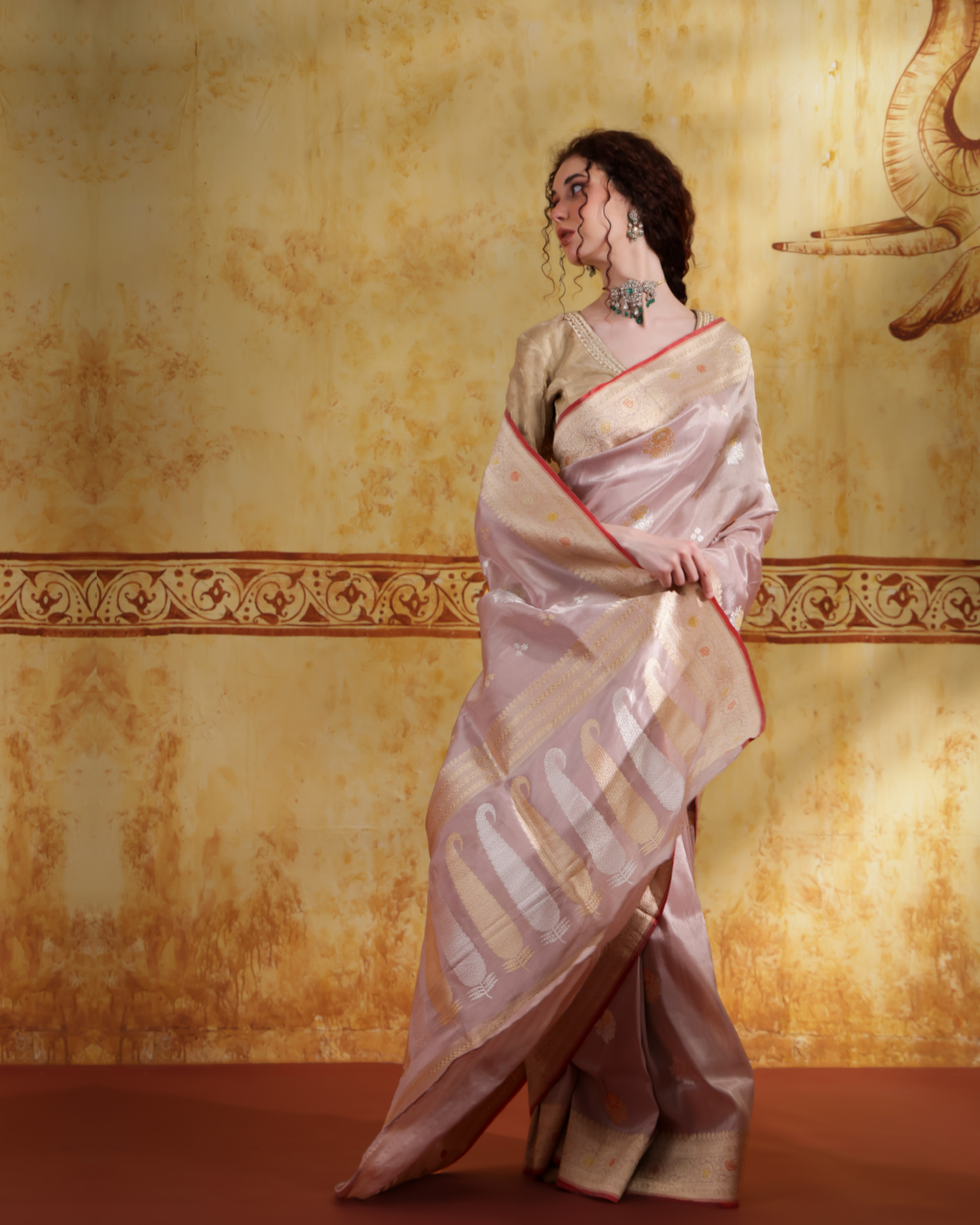 Dusty Peach Tissue Organza Saree With Banarasi Weaving