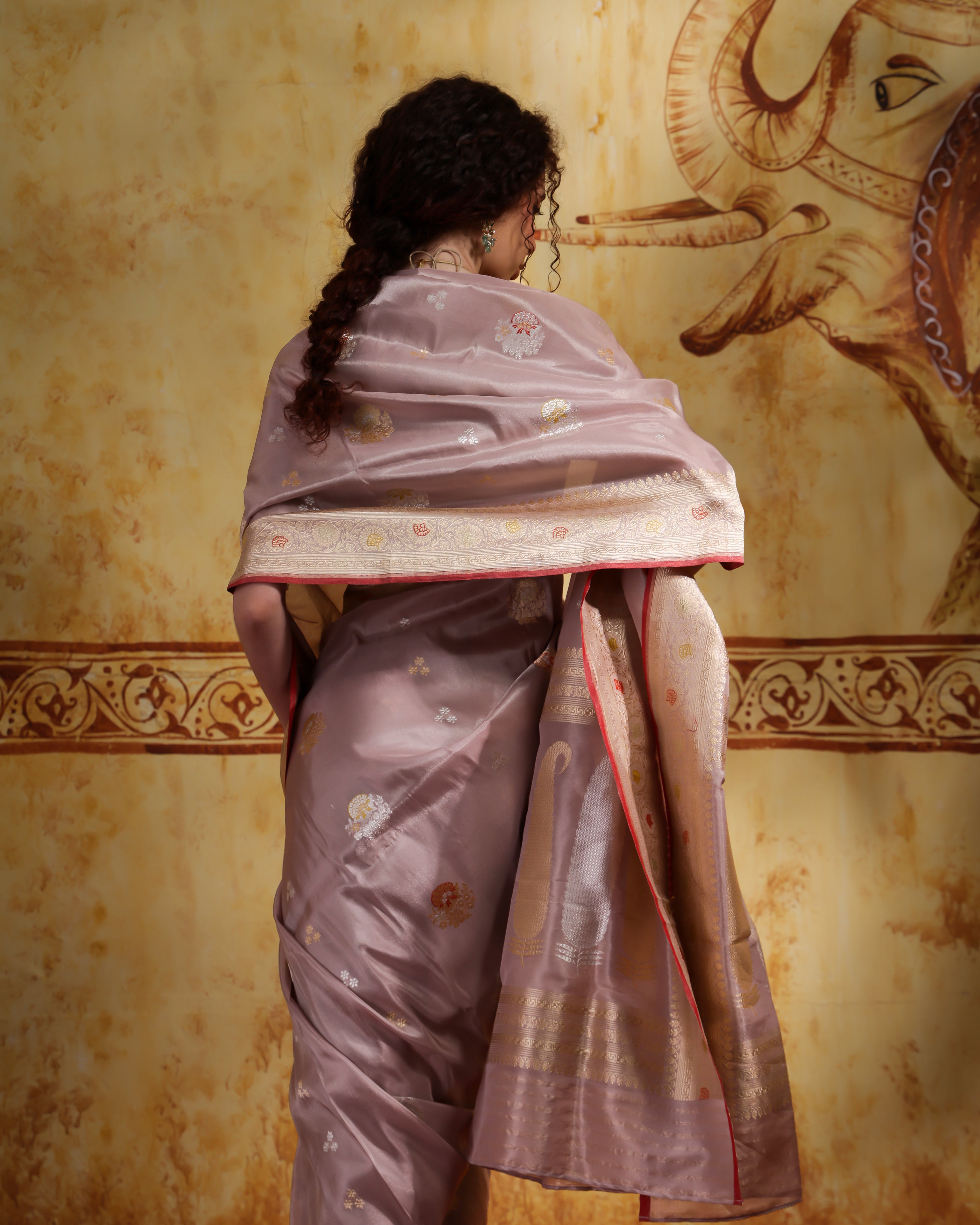 Dusty Peach Tissue Organza Saree With Banarasi Weaving