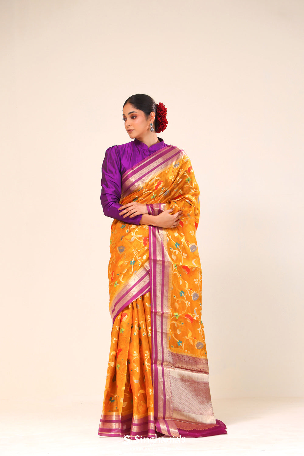 Neon Orange Kota Banarasi Silk Saree