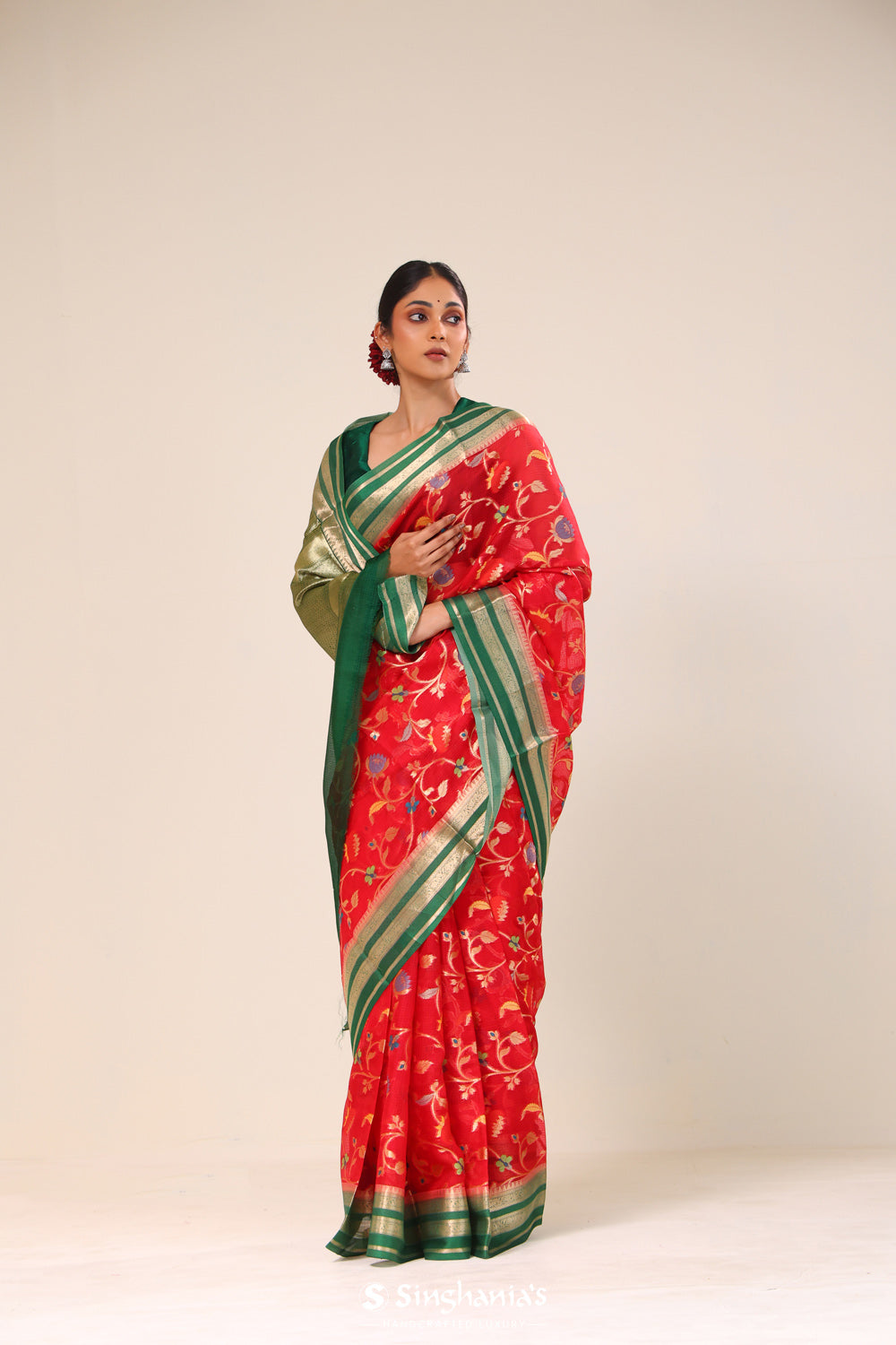 Bright Red Kota Banarasi Silk Saree