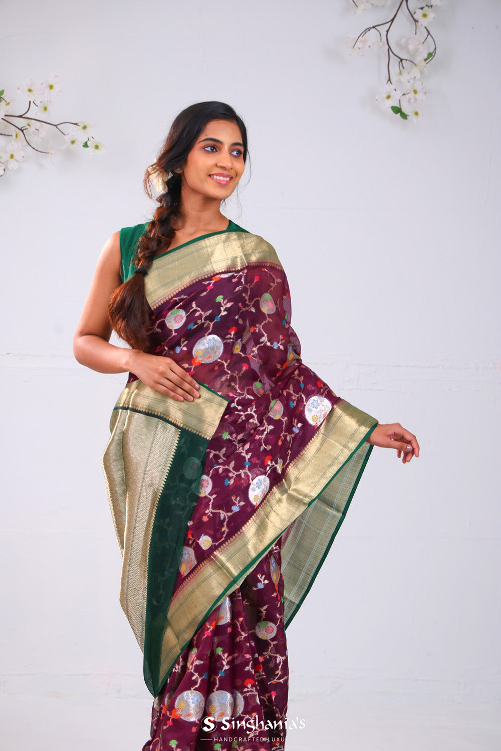 Byzantium Purple Banrasi Kota Silk Saree With Floral Patterns