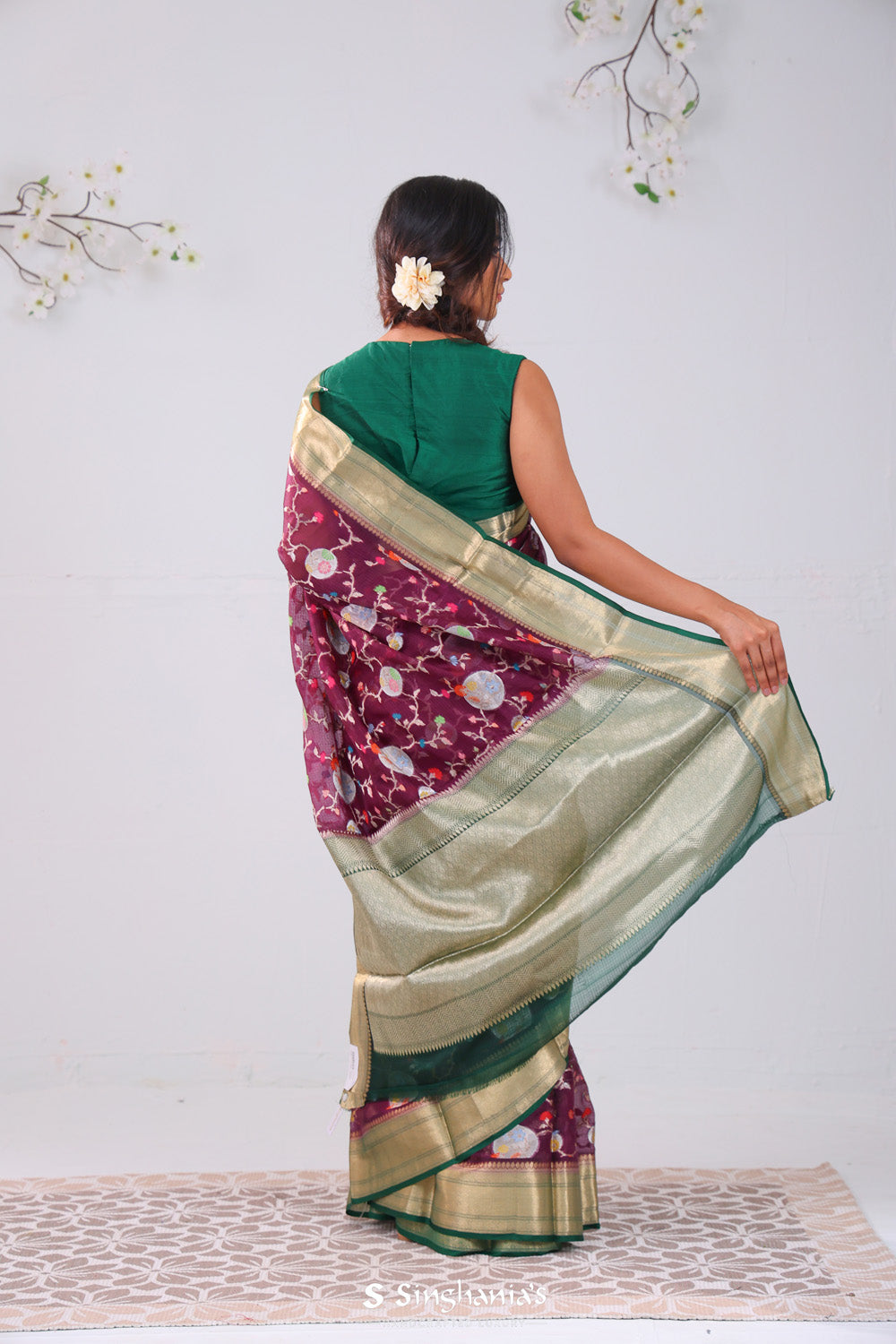 Byzantium Purple Banrasi Kota Silk Saree With Floral Patterns