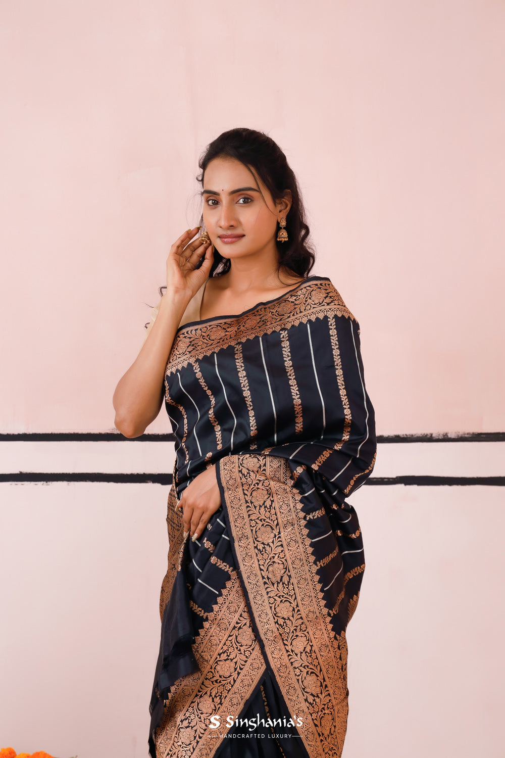 Luxury Black Banarasi Silk Saree With Gold-Silver Weaving