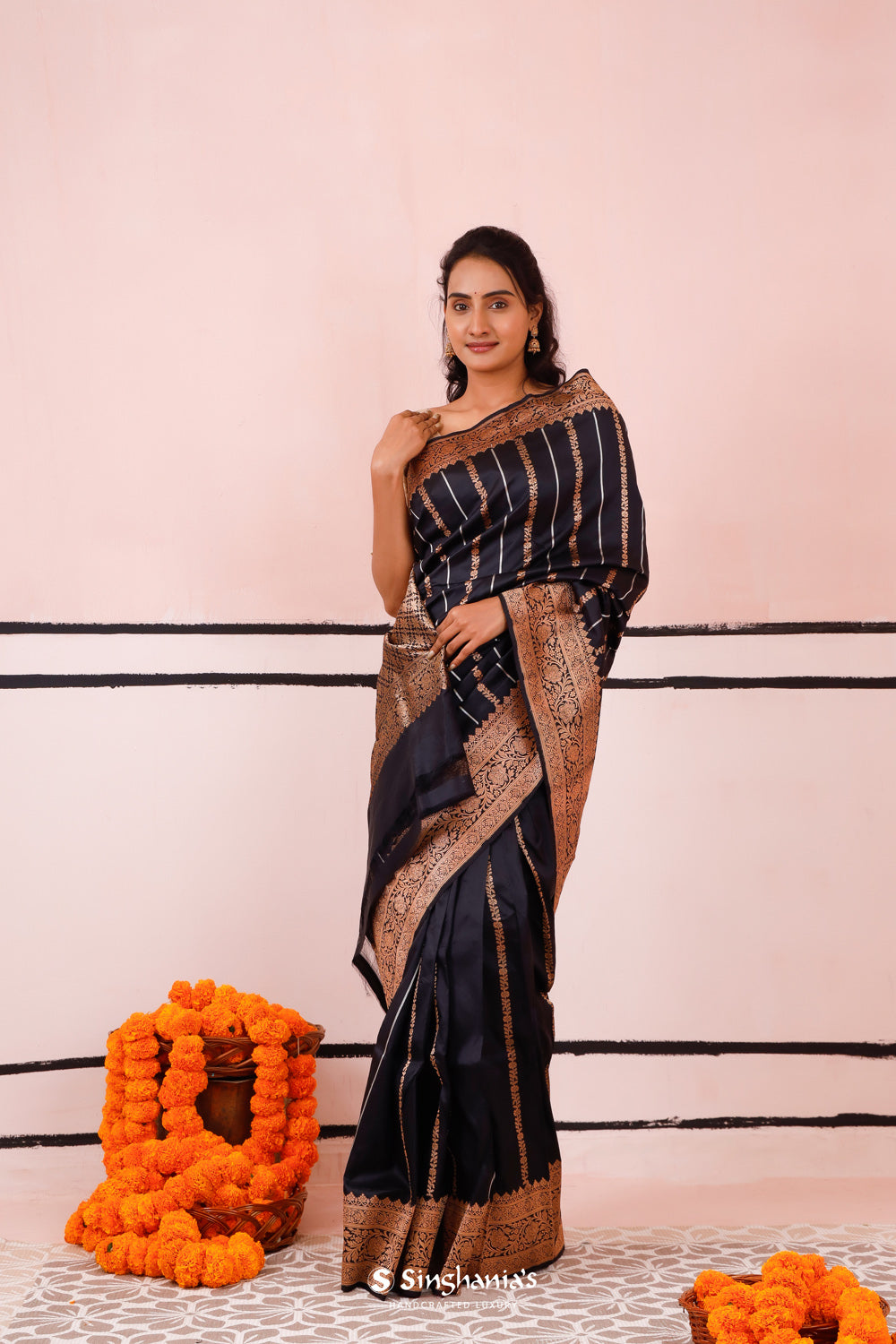 Luxury Black Banarasi Silk Saree With Gold-Silver Weaving