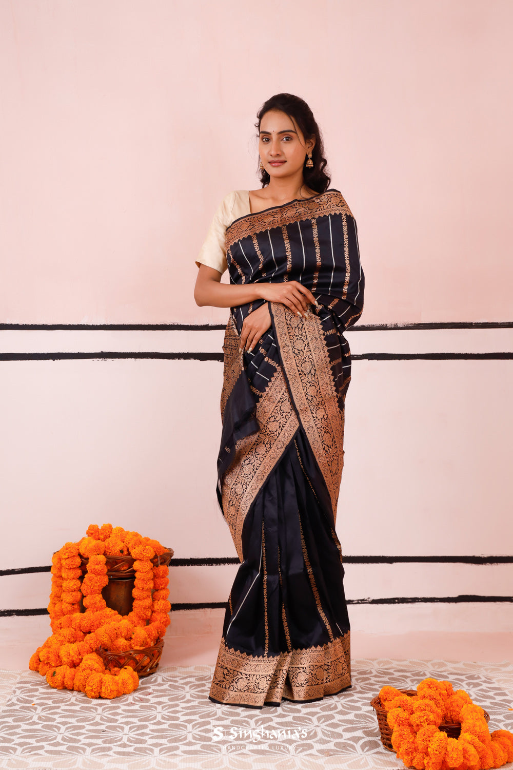 Luxury Black Banarasi Silk Saree With Gold-Silver Weaving