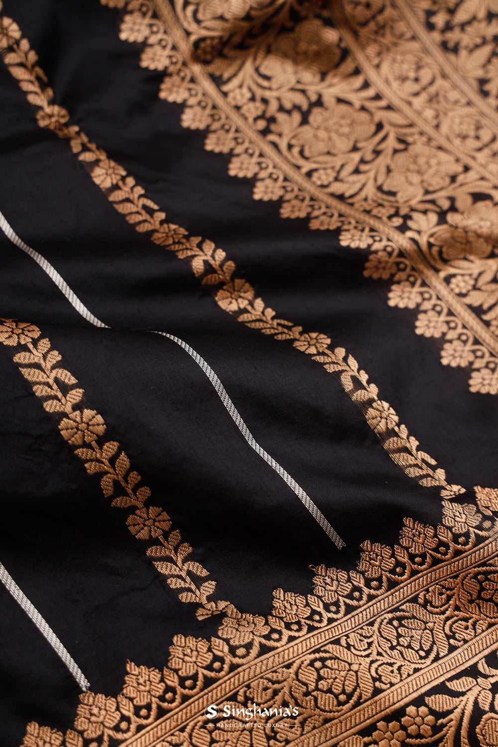 Luxury Black Banarasi Silk Saree With Gold-Silver Weaving