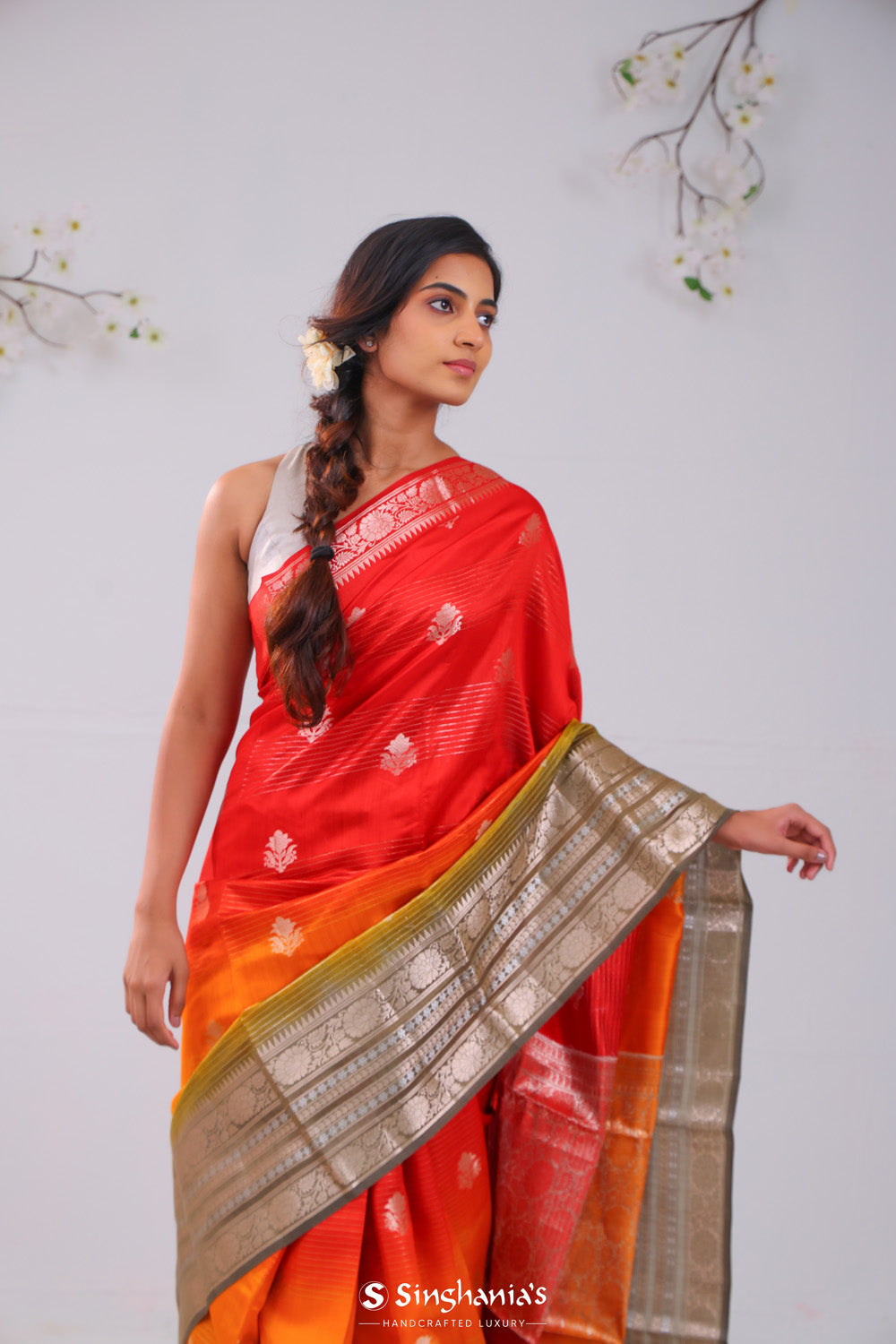 Red-Orange Ombre Banarasi Silk Saree With Floral Motifs