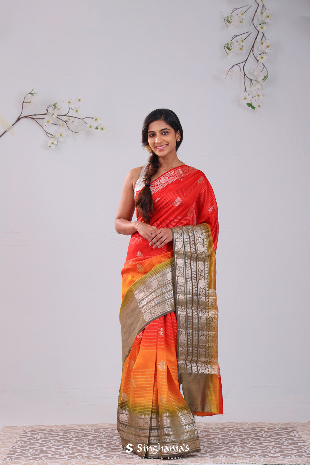 Red-Orange Ombre Banarasi Silk Saree With Floral Motifs