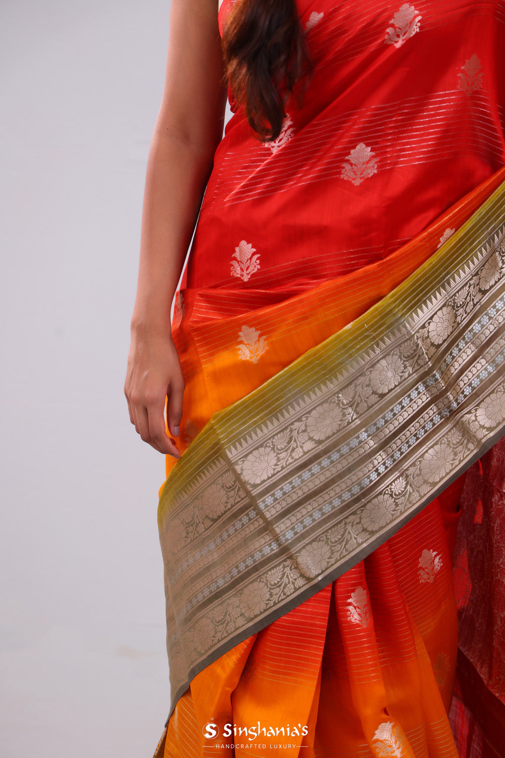 Red-Orange Ombre Banarasi Silk Saree With Floral Motifs